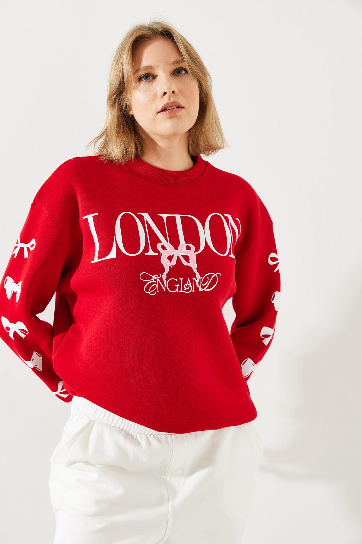 Üç İplik Şardonlu London Life Grafik Baskılı Sweatshirt MBHS004 60601004 - Kırmızı