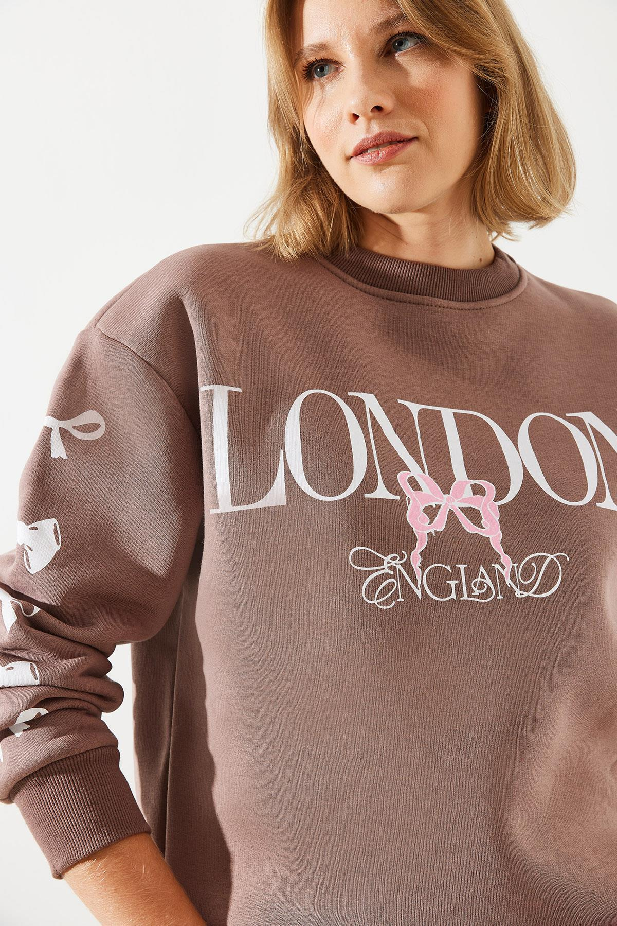 Üç İplik Şardonlu London Life Grafik Baskılı Sweatshirt MBHS004 60601004 - Kahverengi