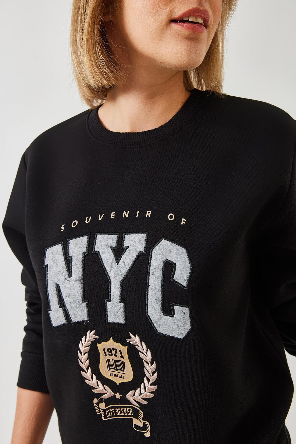 Üç İplik Şardonlu Nakışlı Sweatshirt 6476 60261023 - Siyah SWEATSHİRT modelleri