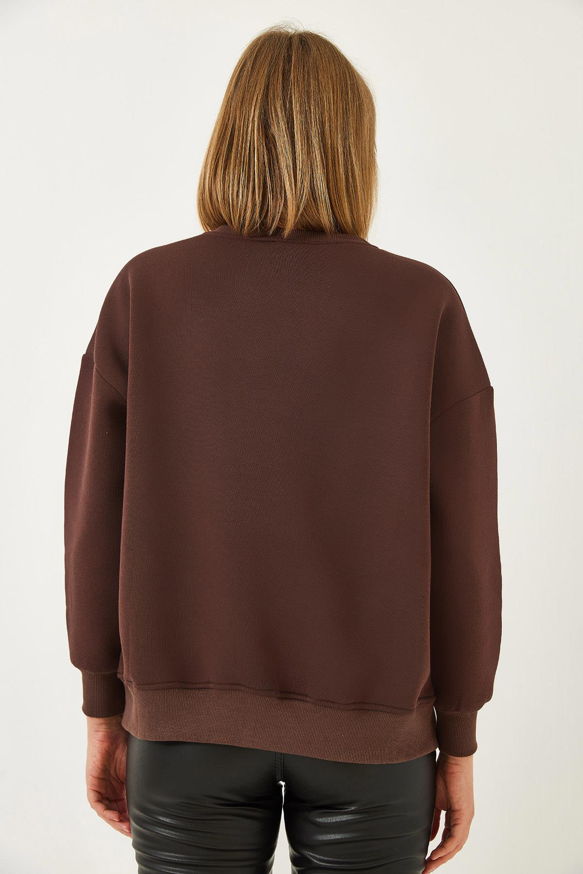 Üç İplik Şardonlu Önü Fermuarlı Leopar Baskılı Sweatshirt 60351258 - Kahverengi