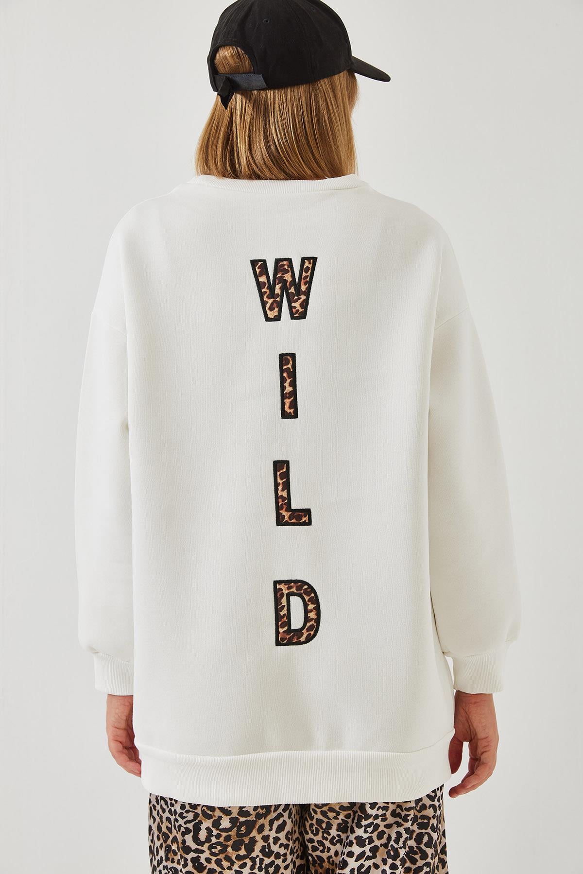 Üç İplik Şardonlu Önü Fermuarlı Leopar Baskılı Sweatshirt 60351258 - Beyaz