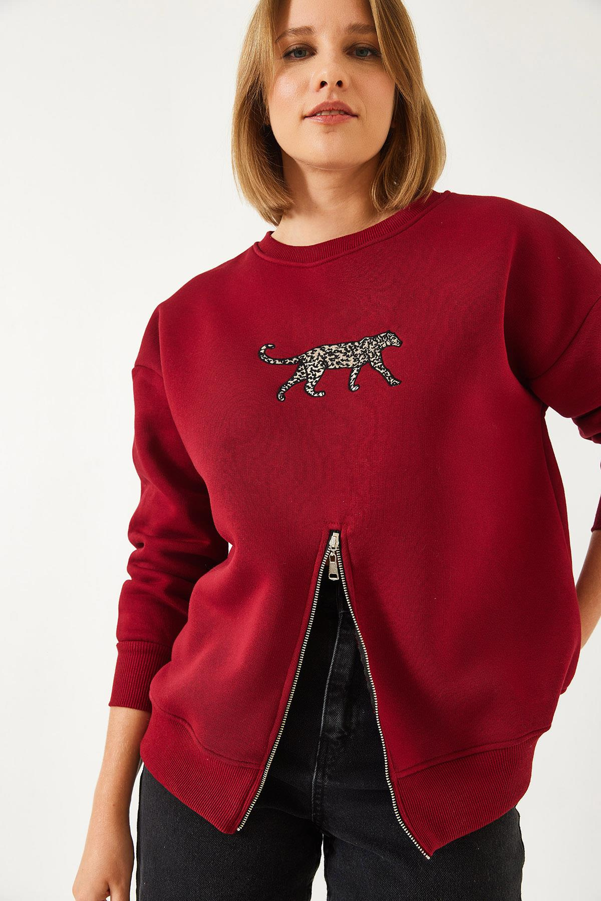 Üç İplik Şardonlu Önü Fermuarlı Leopar Baskılı Sweatshirt 60351258 - Bordo