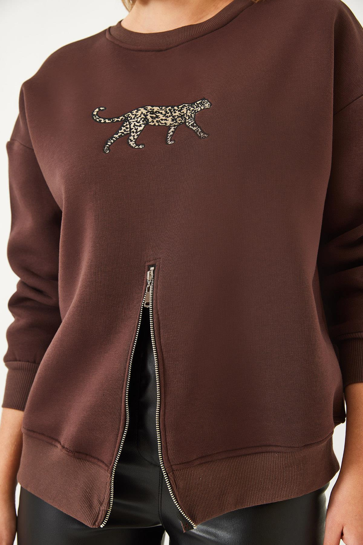 Üç İplik Şardonlu Önü Fermuarlı Leopar Baskılı Sweatshirt 60351258 - Kahverengi