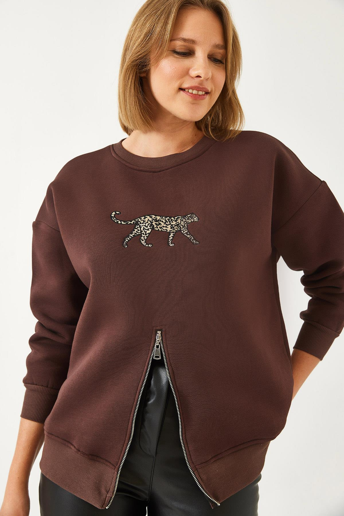 Üç İplik Şardonlu Önü Fermuarlı Leopar Baskılı Sweatshirt 60351258 - Kahverengi