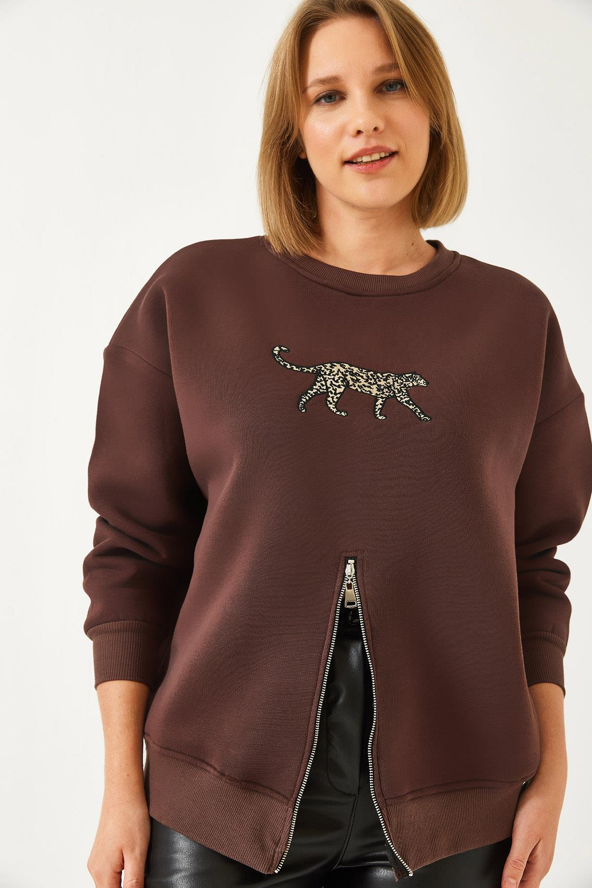 Üç İplik Şardonlu Önü Fermuarlı Leopar Baskılı Sweatshirt 60351258 - Kahverengi
