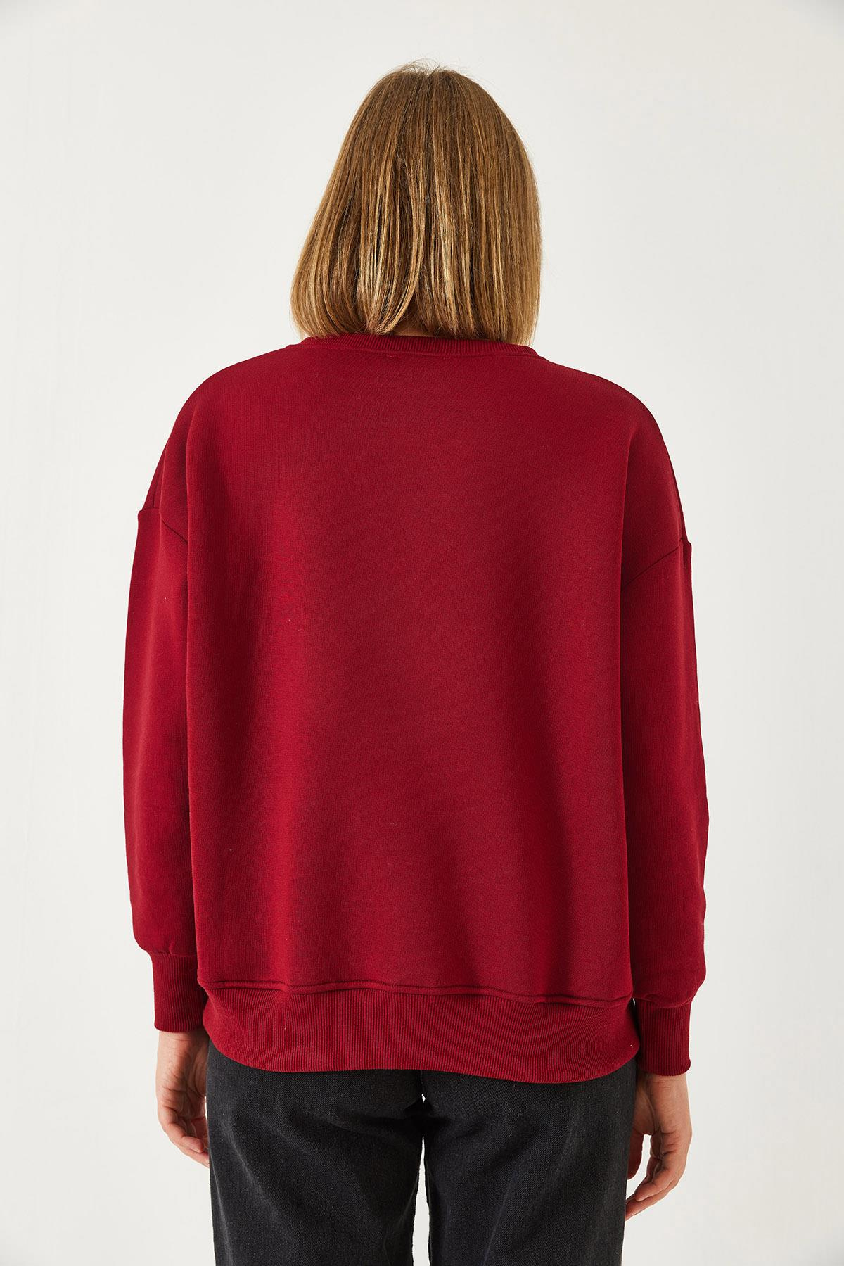 Üç İplik Şardonlu Önü Fermuarlı Leopar Baskılı Sweatshirt 60351258 - Bordo
