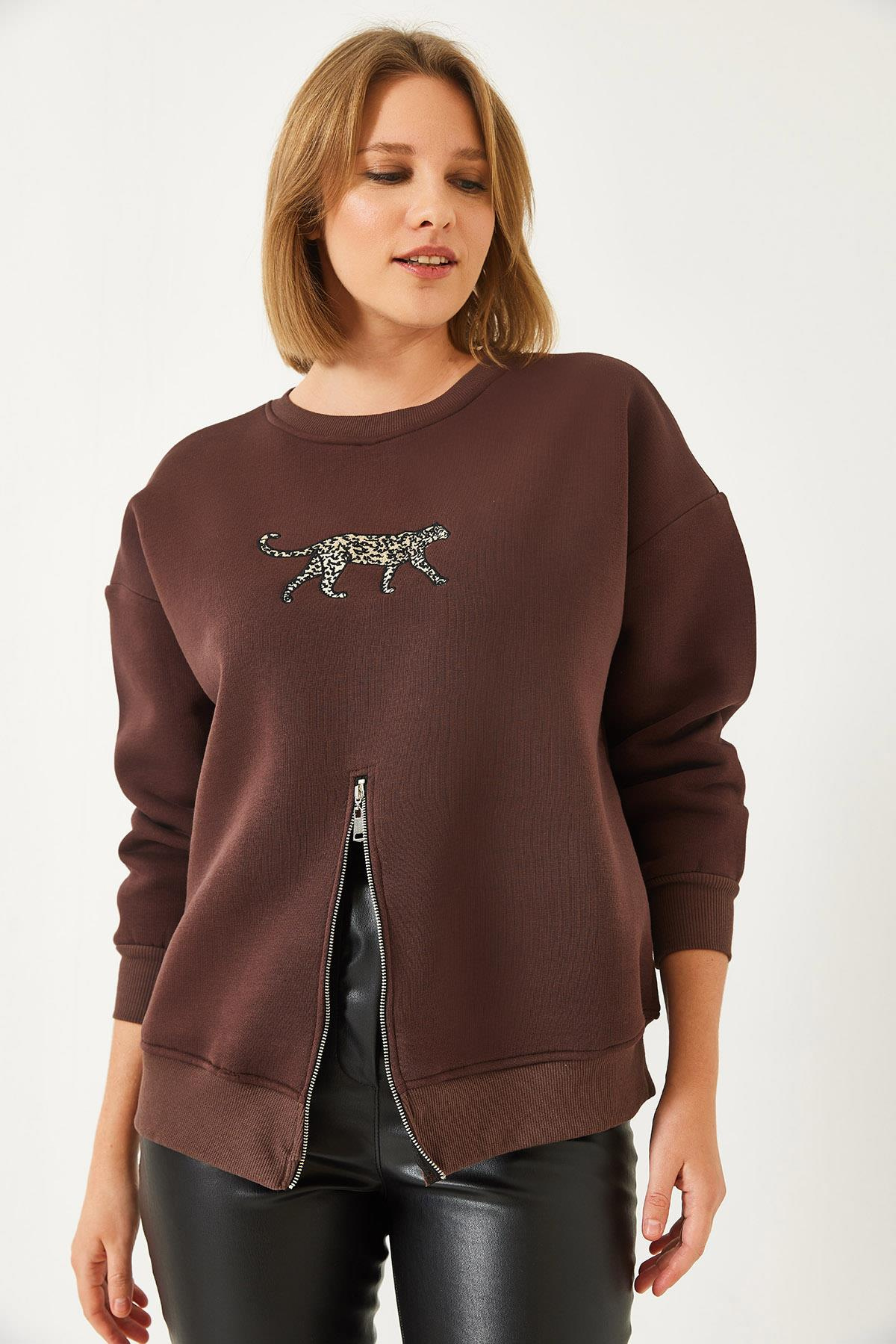 Üç İplik Şardonlu Önü Fermuarlı Leopar Baskılı Sweatshirt 60351258 - Kahverengi