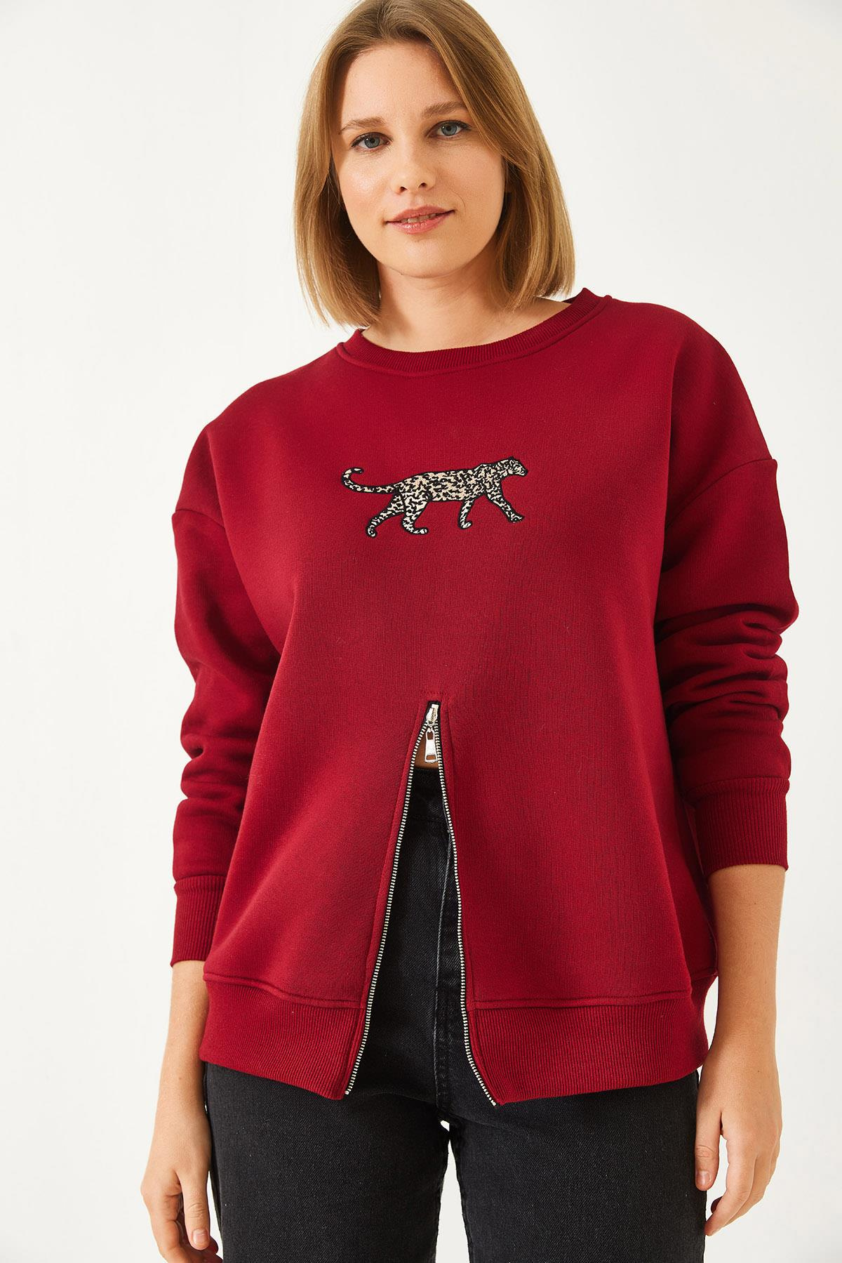 Üç İplik Şardonlu Önü Fermuarlı Leopar Baskılı Sweatshirt 60351258 - Bordo