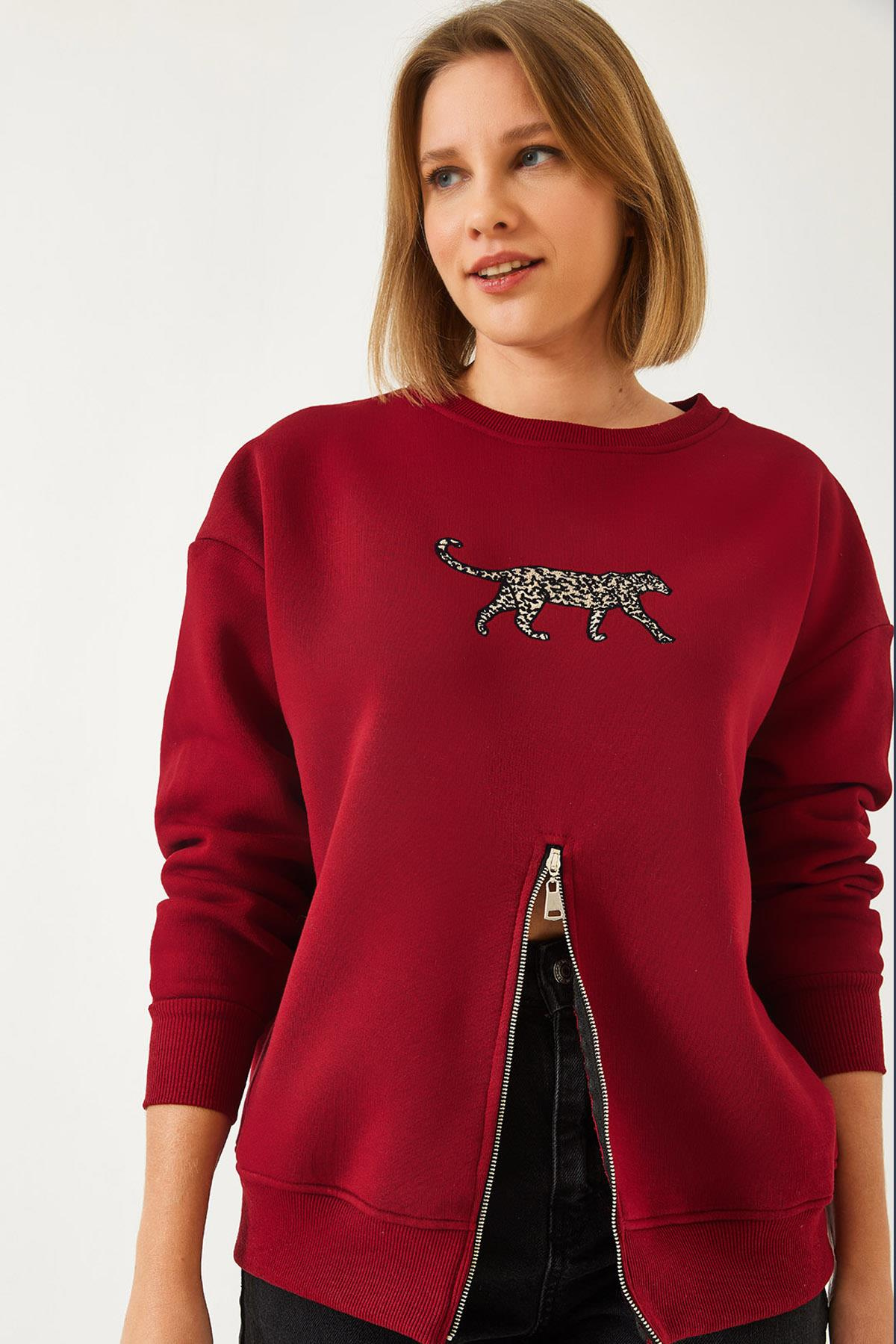 Üç İplik Şardonlu Önü Fermuarlı Leopar Baskılı Sweatshirt 60351258 - Bordo