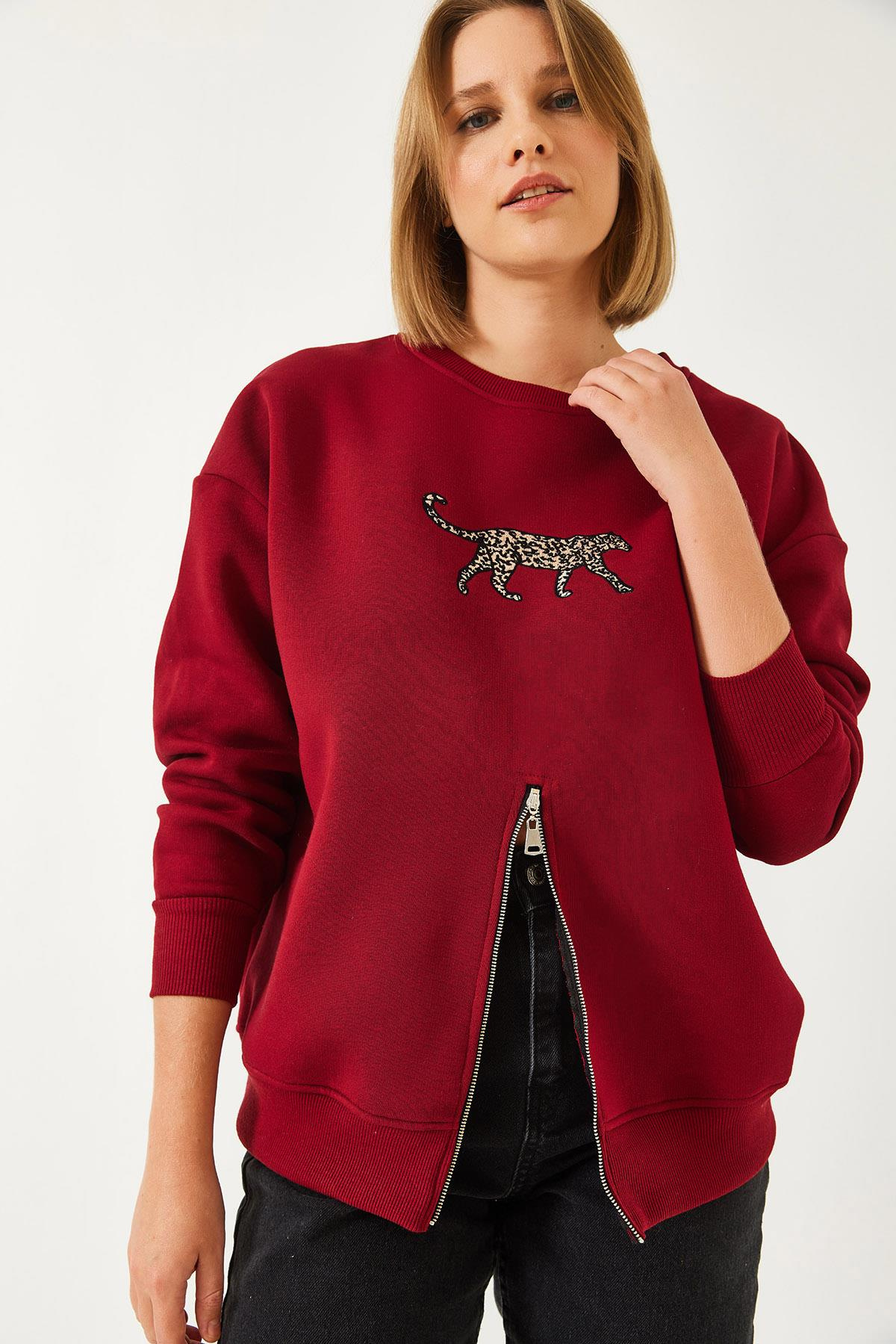 Üç İplik Şardonlu Önü Fermuarlı Leopar Baskılı Sweatshirt 60351258 - Bordo