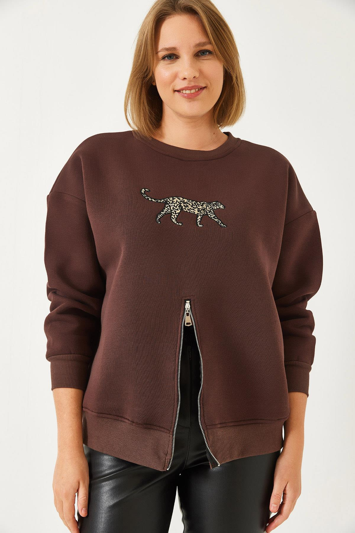 Üç İplik Şardonlu Önü Fermuarlı Leopar Baskılı Sweatshirt 60351258 - Kahverengi
