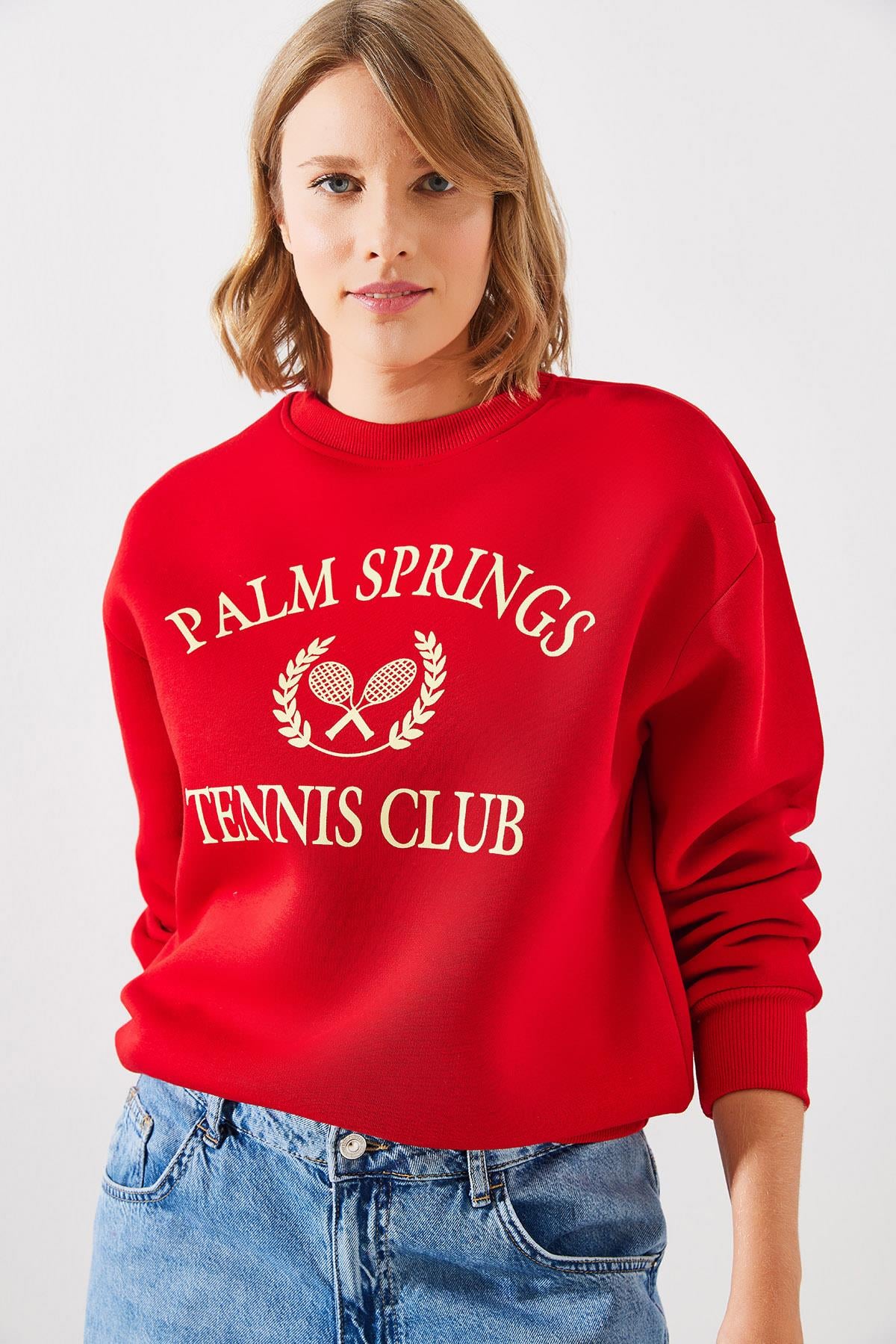 Üç İplik Şardonlu Palm Springs Tenis Vintage Kolej Sweatshirt MBHS002 60601002 - Kırmızı