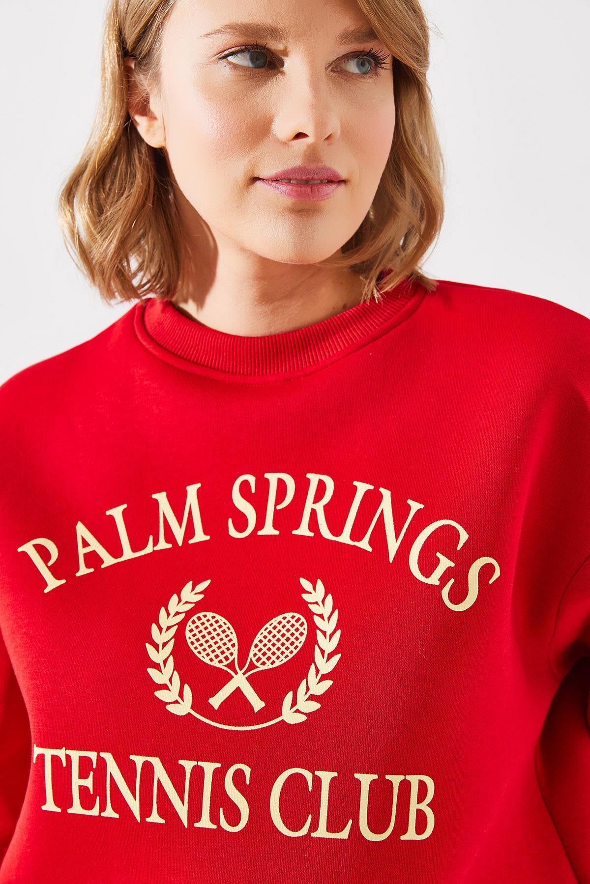 Üç İplik Şardonlu Palm Springs Tenis Vintage Kolej Sweatshirt MBHS002 60601002 - Kırmızı