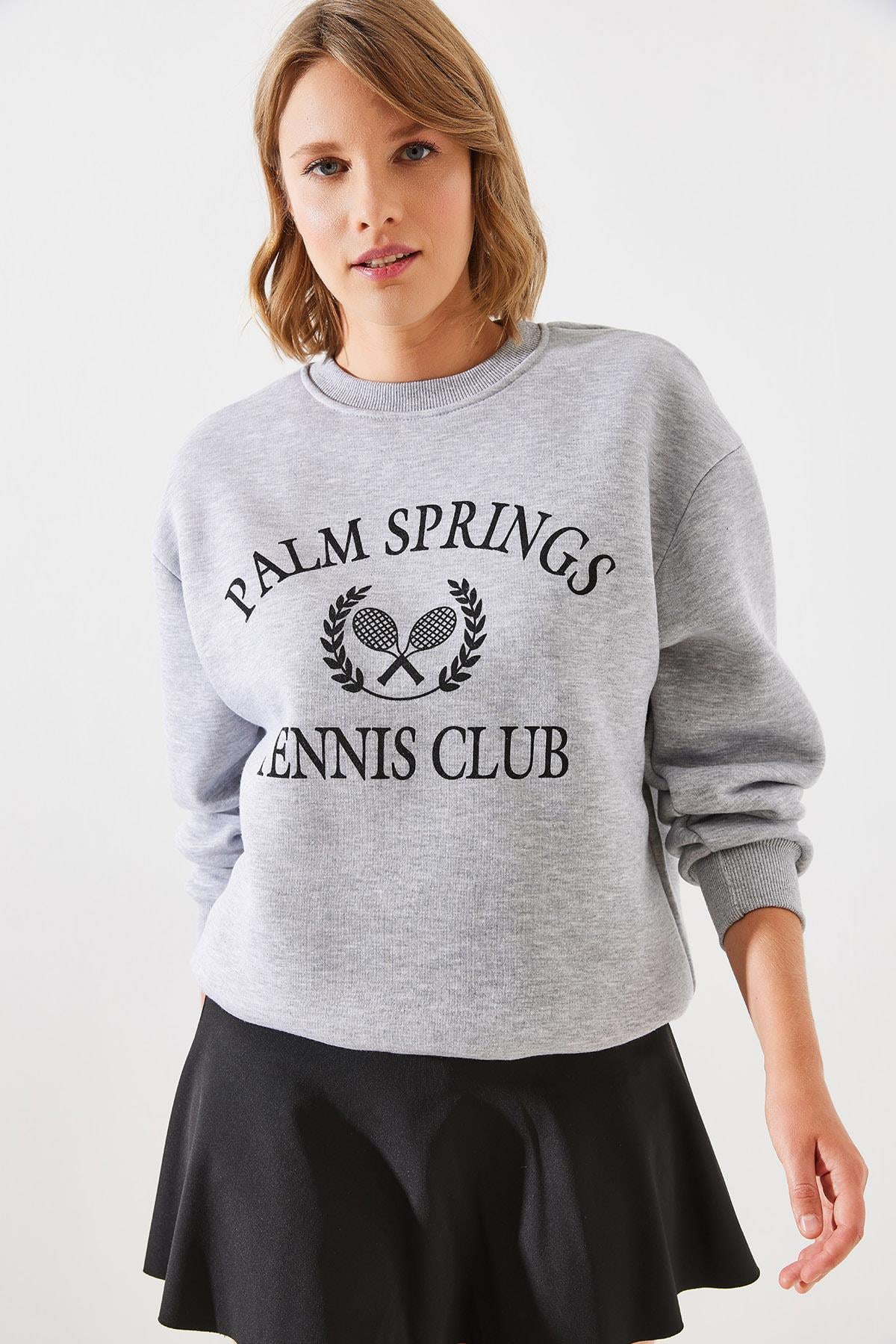 Üç İplik Şardonlu Palm Springs Tenis Vintage Kolej Sweatshirt MBHS002 60601002 - Gri Melanj