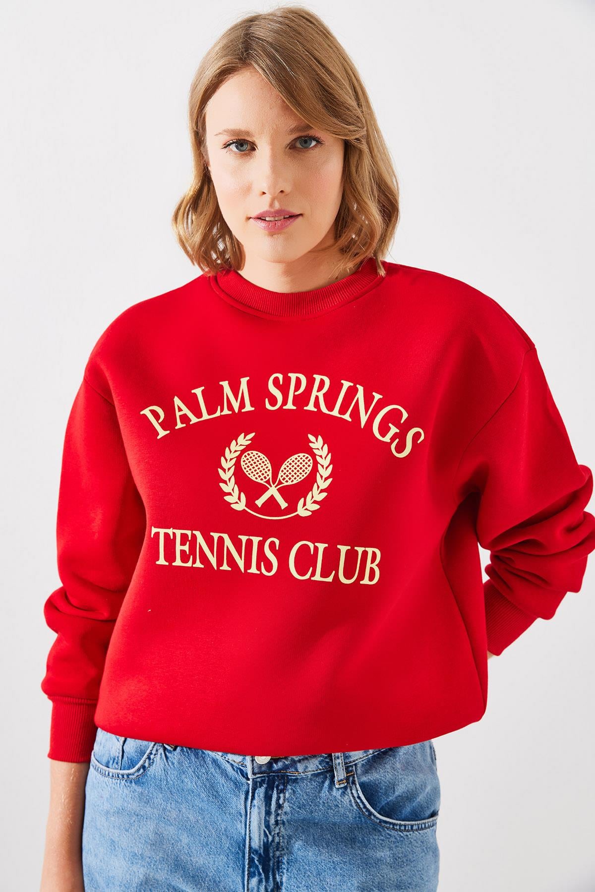 Üç İplik Şardonlu Palm Springs Tenis Vintage Kolej Sweatshirt MBHS002 60601002 - Kırmızı