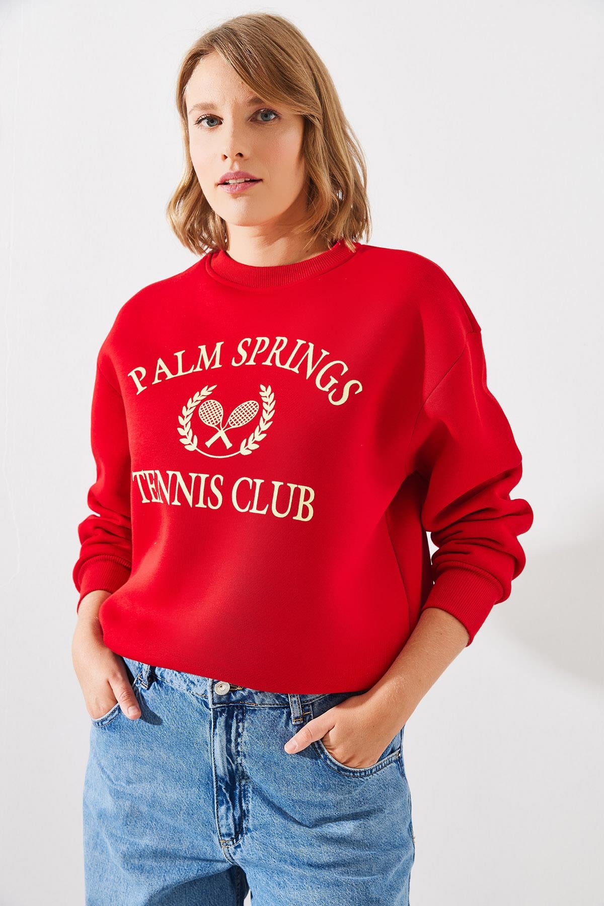 Üç İplik Şardonlu Palm Springs Tenis Vintage Kolej Sweatshirt MBHS002 60601002 - Kırmızı
