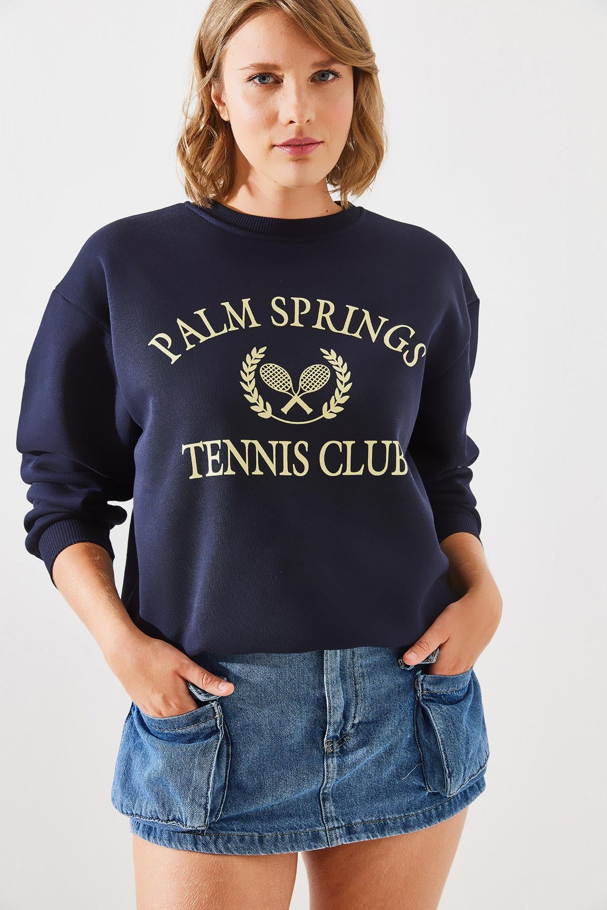 Üç İplik Şardonlu Palm Springs Tenis Vintage Kolej Sweatshirt MBHS002 60601002 - Lacivert