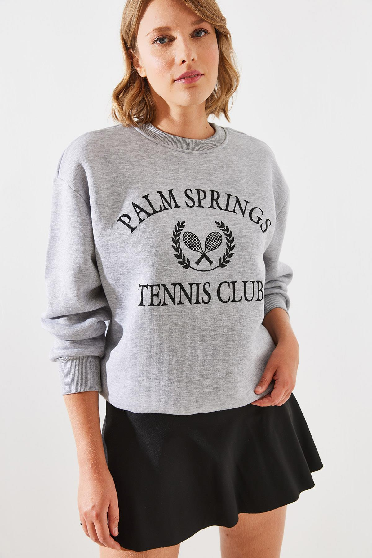 Üç İplik Şardonlu Palm Springs Tenis Vintage Kolej Sweatshirt MBHS002 60601002 - Gri Melanj