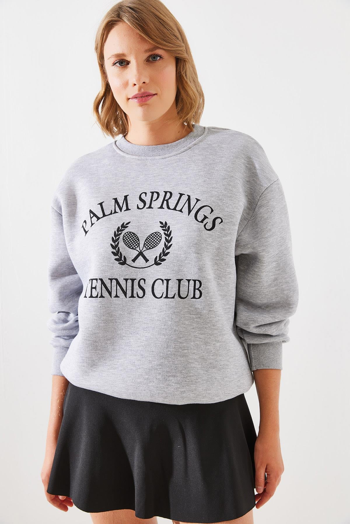 Üç İplik Şardonlu Palm Springs Tenis Vintage Kolej Sweatshirt MBHS002 60601002 - Gri Melanj