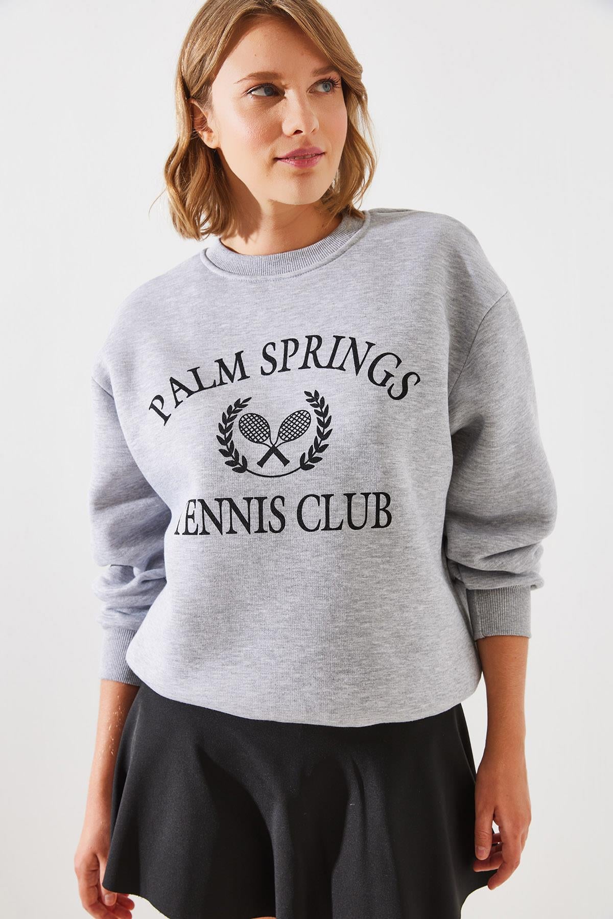 Üç İplik Şardonlu Palm Springs Tenis Vintage Kolej Sweatshirt MBHS002 60601002 - Gri Melanj