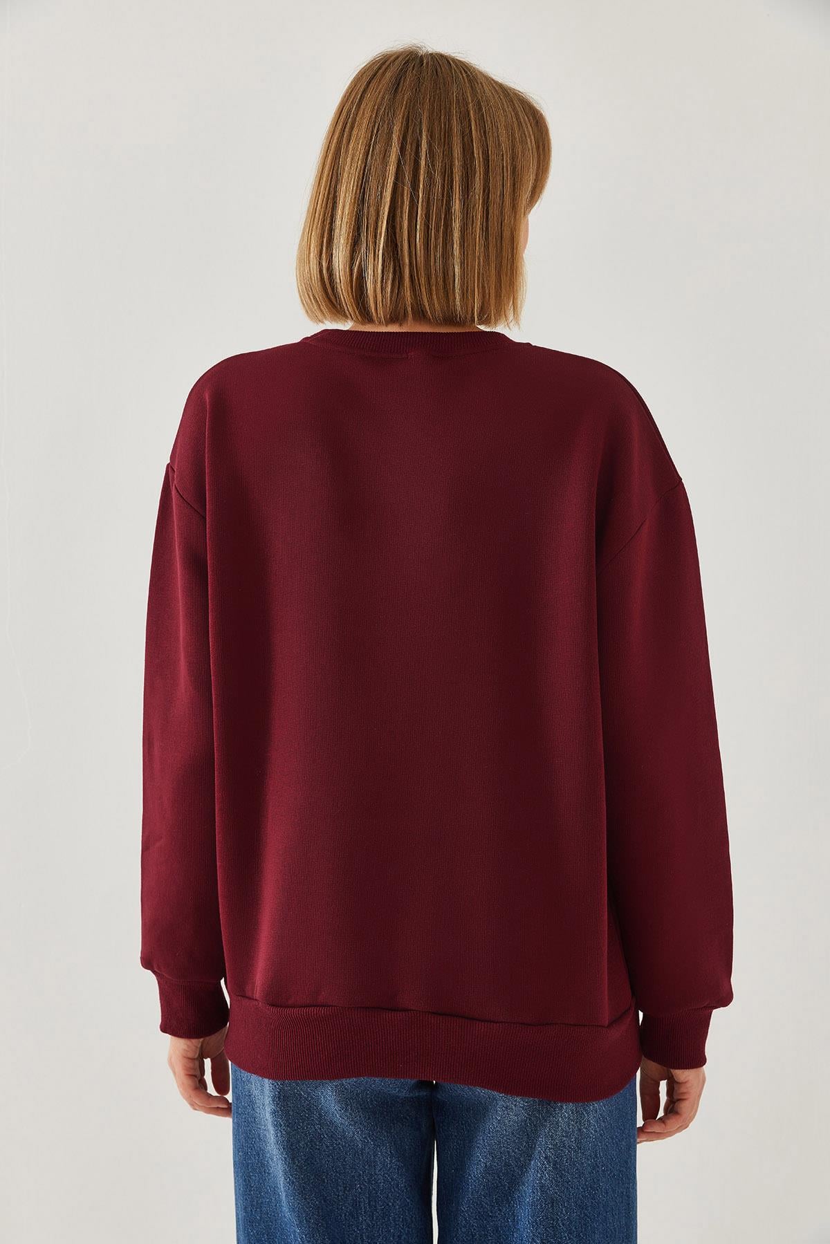 Üç İplik Şardonlu Renkli Kalp Baskılı Sweatshirt MBHS007 60601007 - Bordo