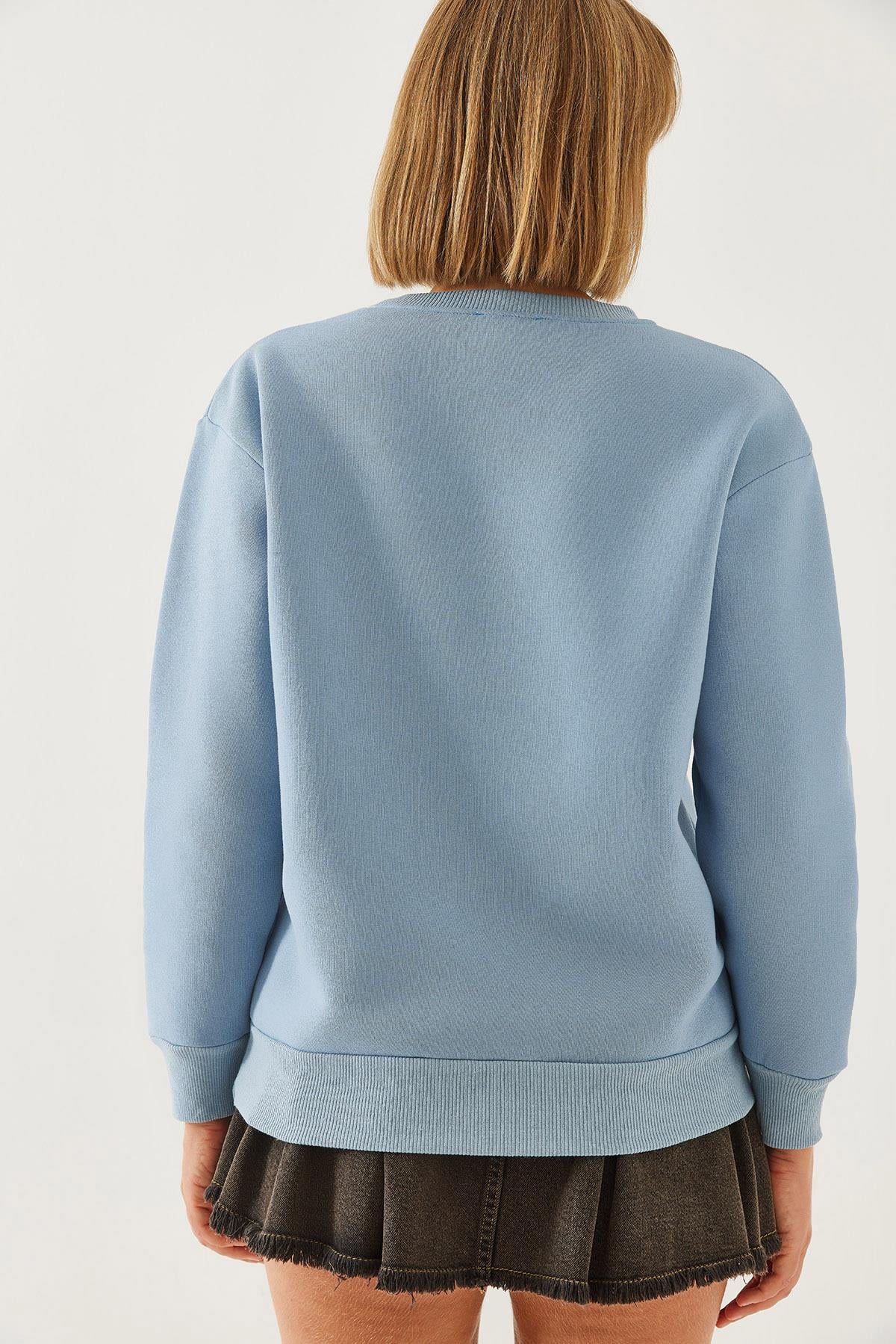 Üç İplik Şardonlu Renkli Kalp Baskılı Sweatshirt MBHS007 60601007 - Buz Mavisi