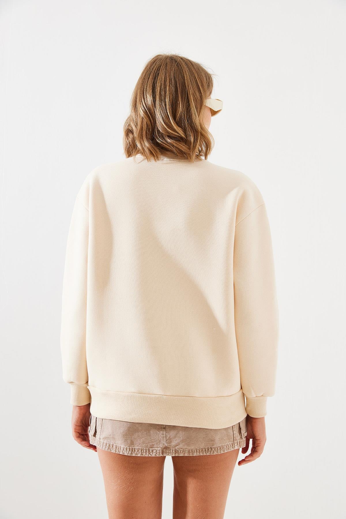 Üç İplik Şardonlu Renkli Kalp Baskılı Sweatshirt MBHS007 60601007 - Bej