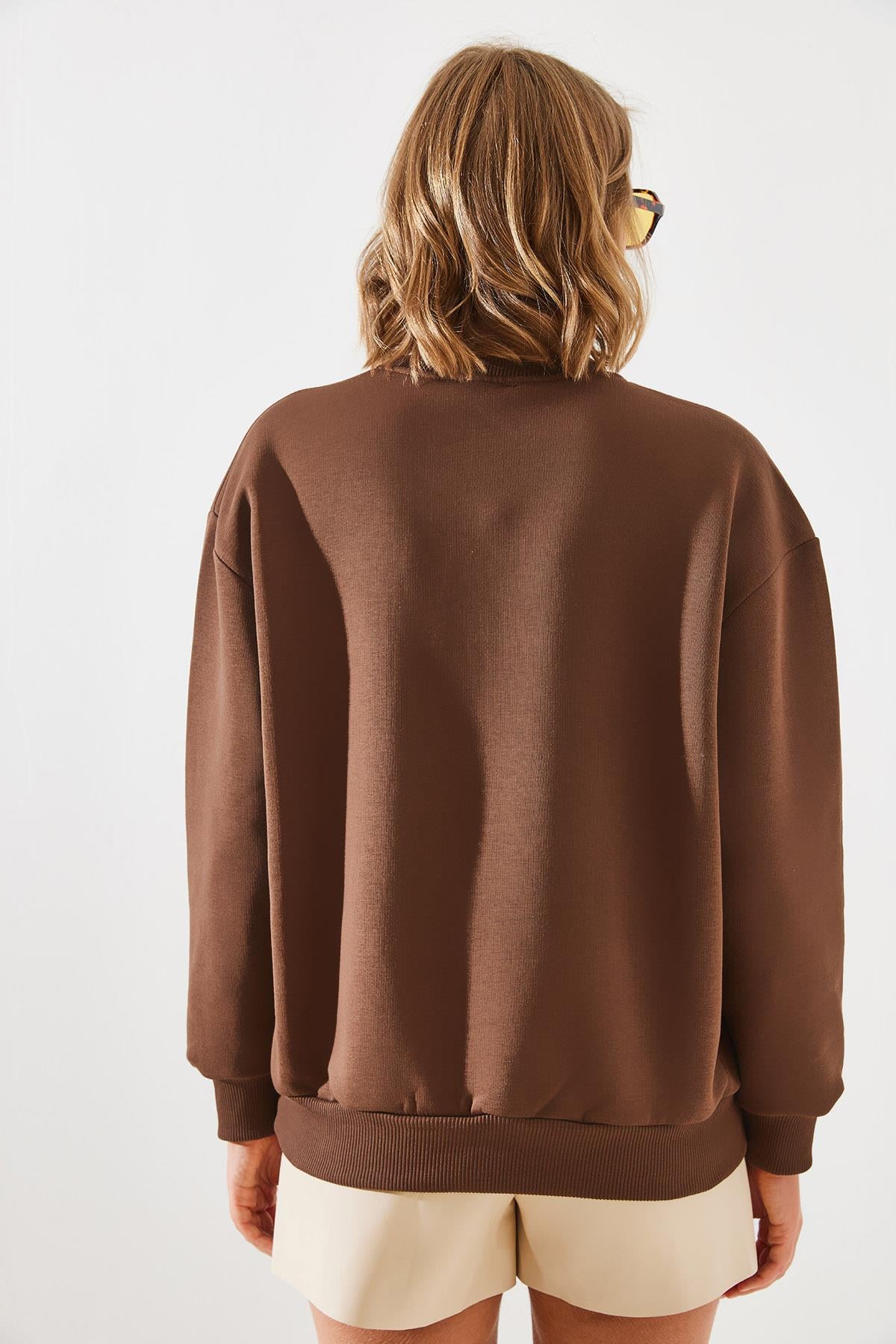 Üç İplik Şardonlu Renkli Kalp Baskılı Sweatshirt MBHS007 60601007 - Kahverengi
