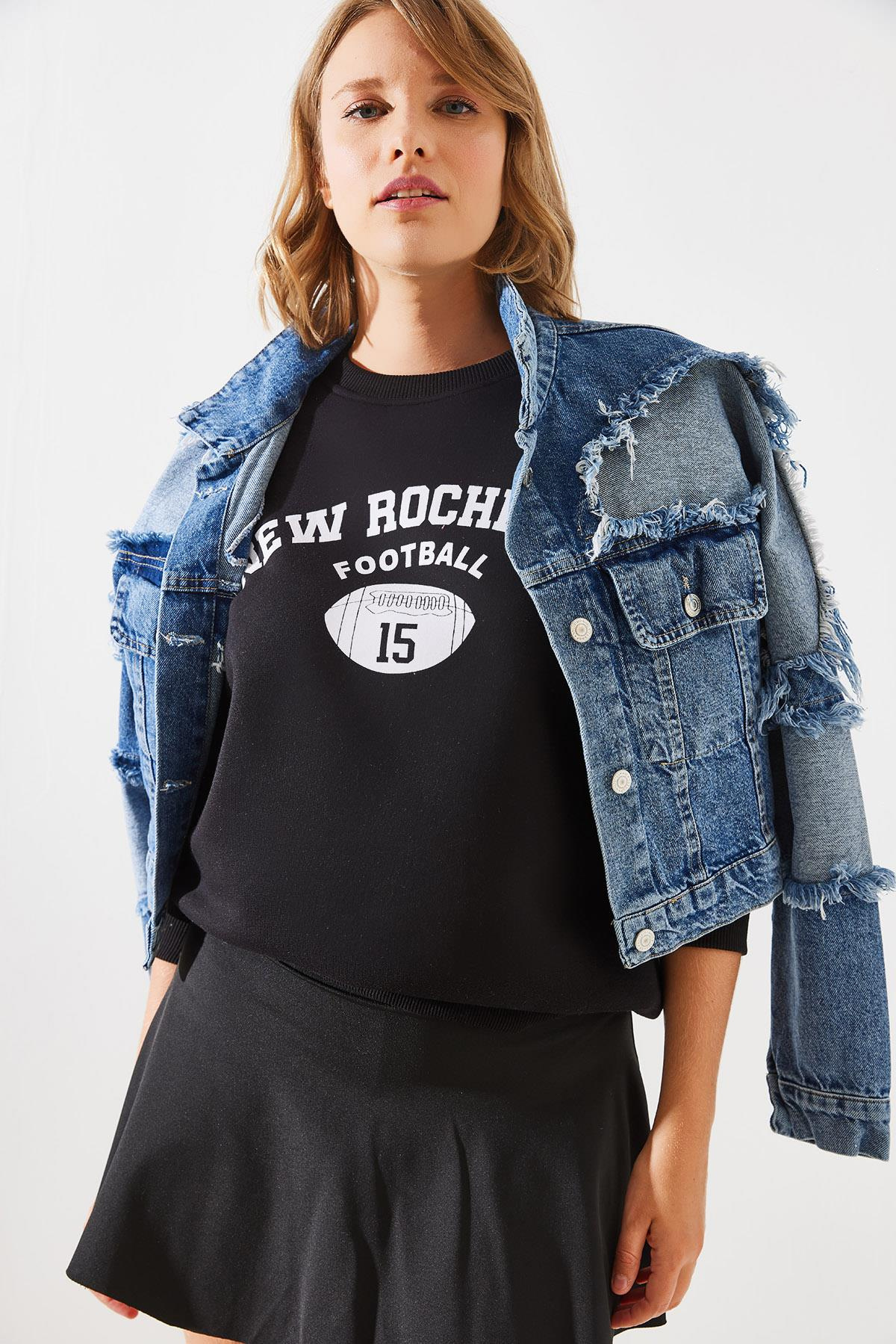 Üç İplik Şardonlu Rochelle Yazı Baskılı Sweatshirt MBHS001 60601001 - Siyah
