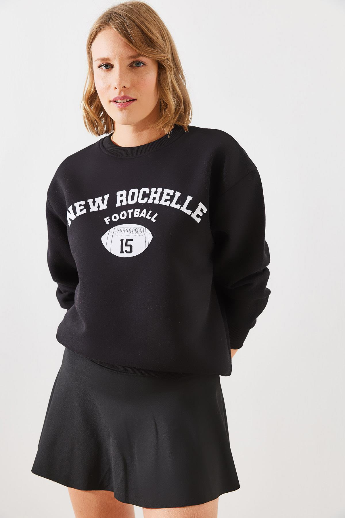 Üç İplik Şardonlu Rochelle Yazı Baskılı Sweatshirt MBHS001 60601001 - Siyah