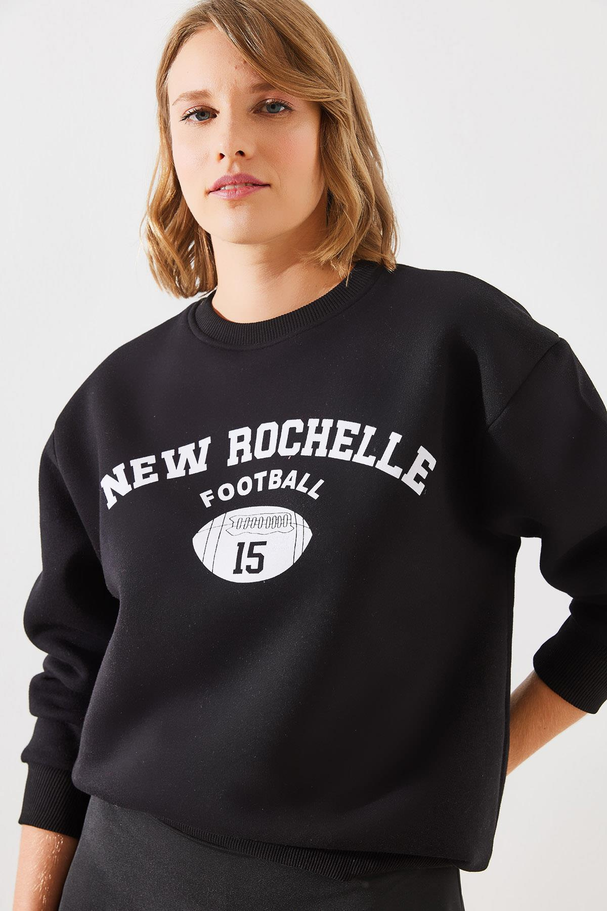 Üç İplik Şardonlu Rochelle Yazı Baskılı Sweatshirt MBHS001 60601001 - Siyah