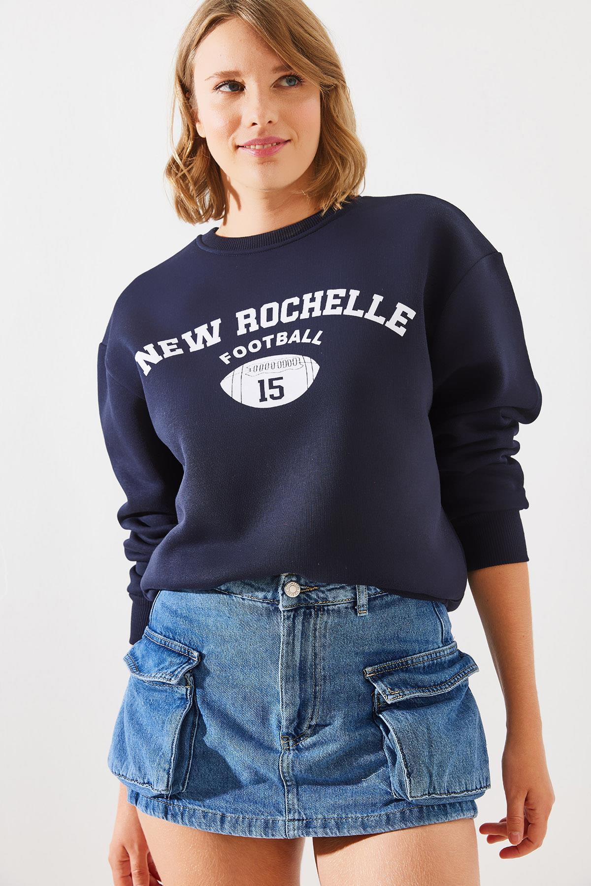 Üç İplik Şardonlu Rochelle Yazı Baskılı Sweatshirt MBHS001 60601001 - Lacivert