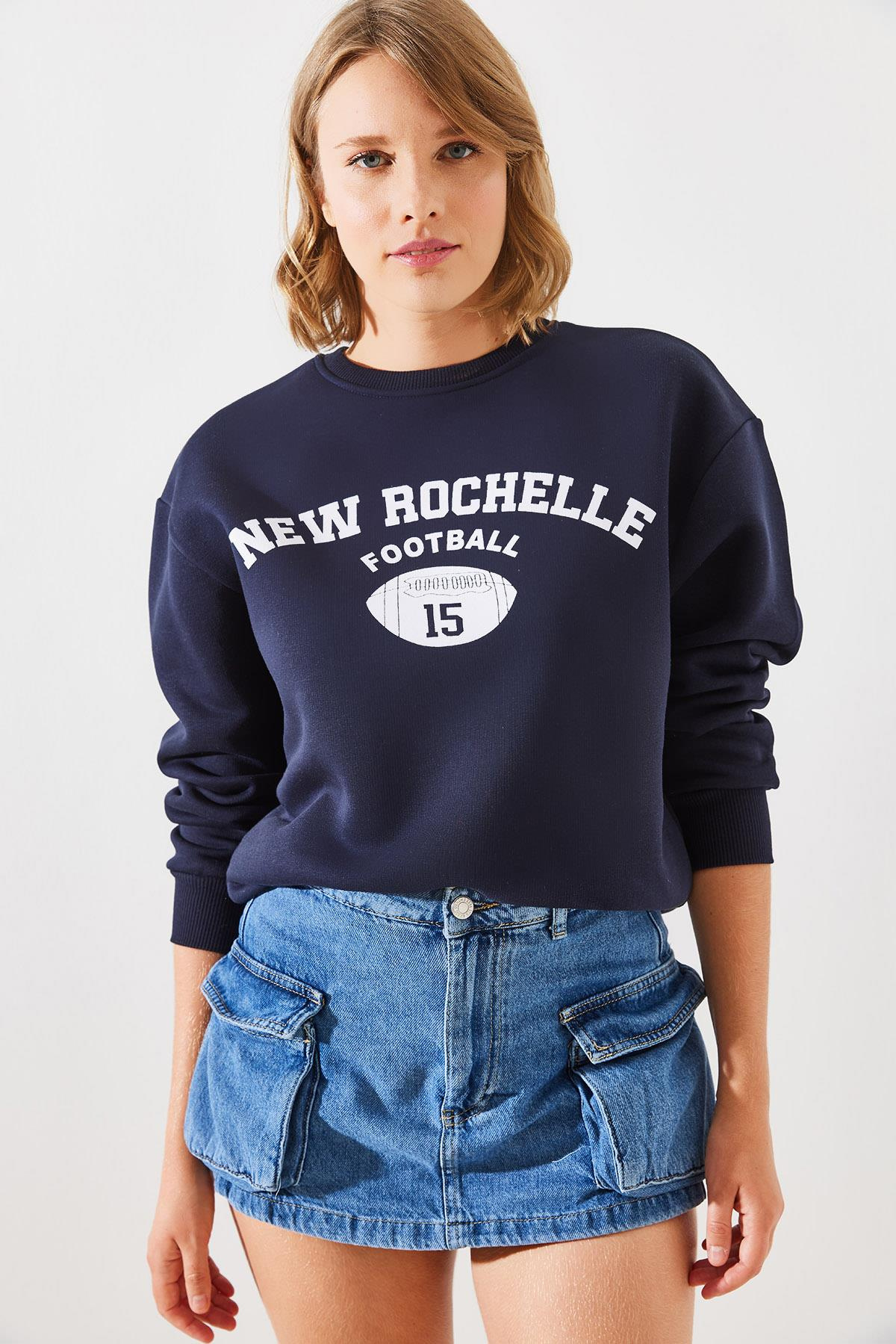 Üç İplik Şardonlu Rochelle Yazı Baskılı Sweatshirt MBHS001 60601001 - Lacivert