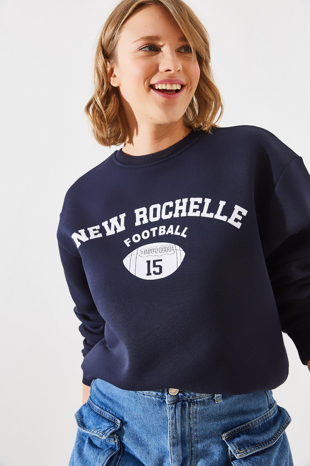 Üç İplik Şardonlu Rochelle Yazı Baskılı Sweatshirt MBHS001 60601001 - Lacivert
