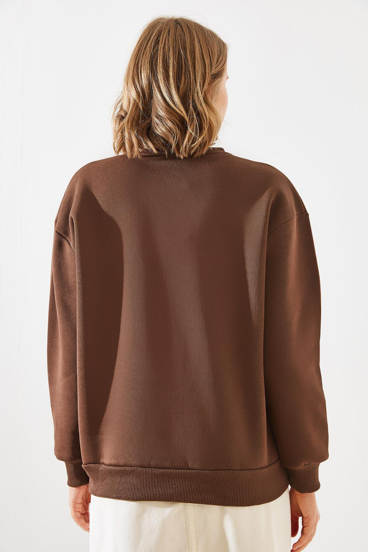 Üç İplik Şardonlu Rochelle Yazı Baskılı Sweatshirt MBHS001 60601001 - Kahverengi