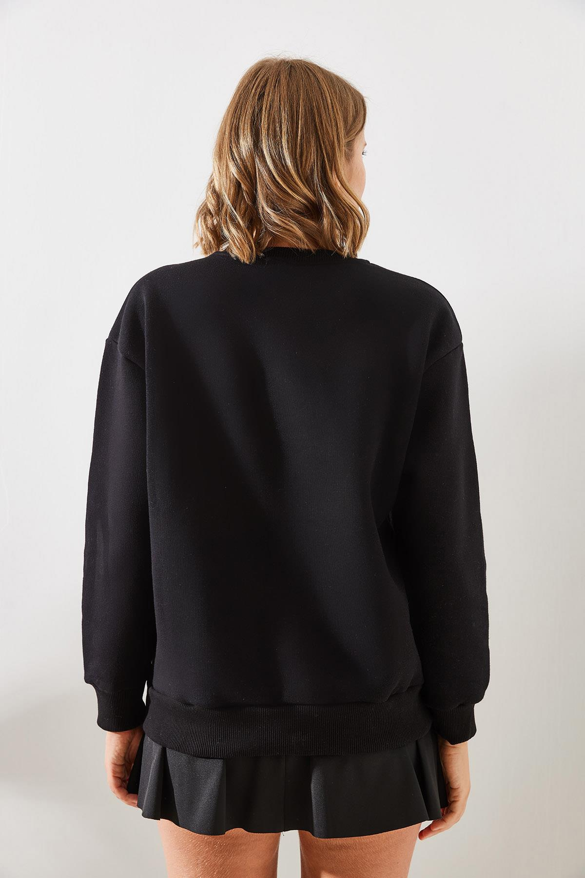 Üç İplik Şardonlu Rochelle Yazı Baskılı Sweatshirt MBHS001 60601001 - Siyah