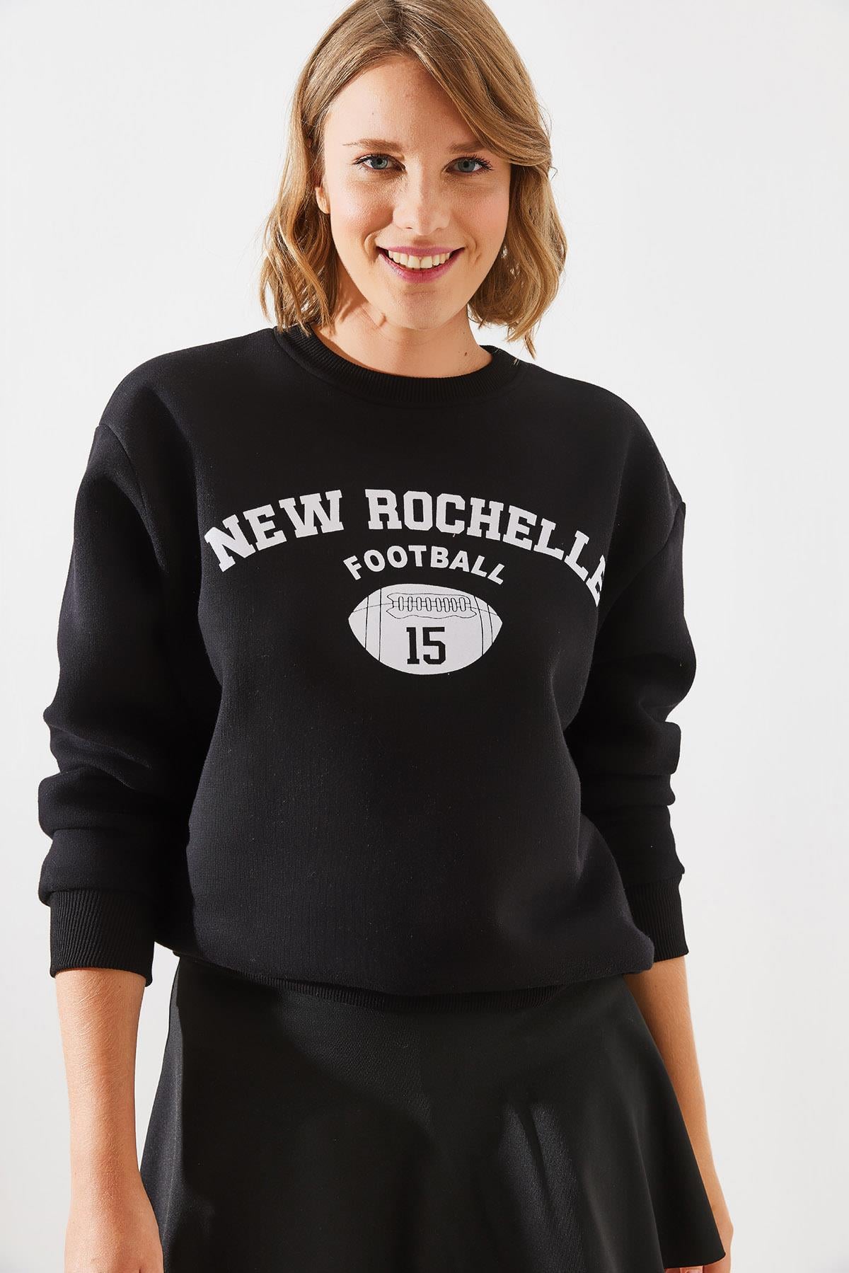 Üç İplik Şardonlu Rochelle Yazı Baskılı Sweatshirt MBHS001 60601001 - Siyah