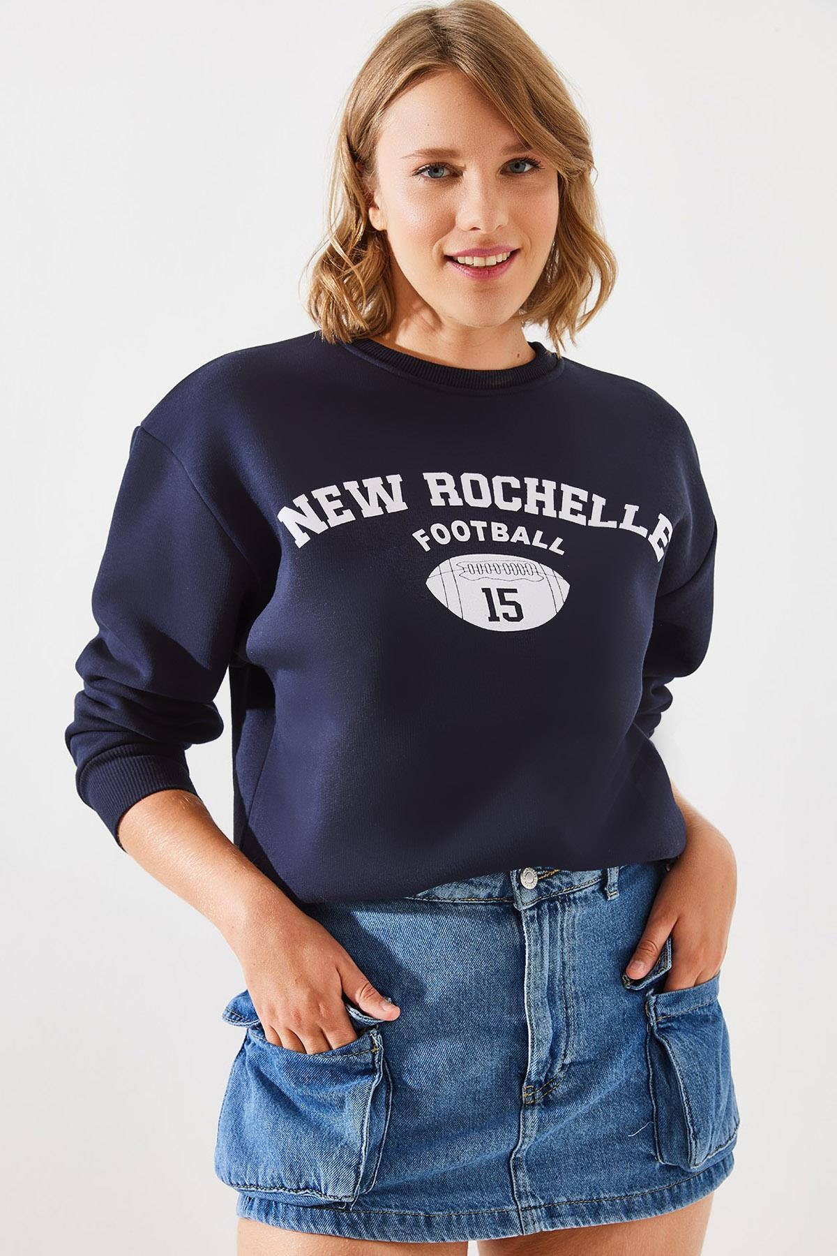 Üç İplik Şardonlu Rochelle Yazı Baskılı Sweatshirt MBHS001 60601001 - Lacivert