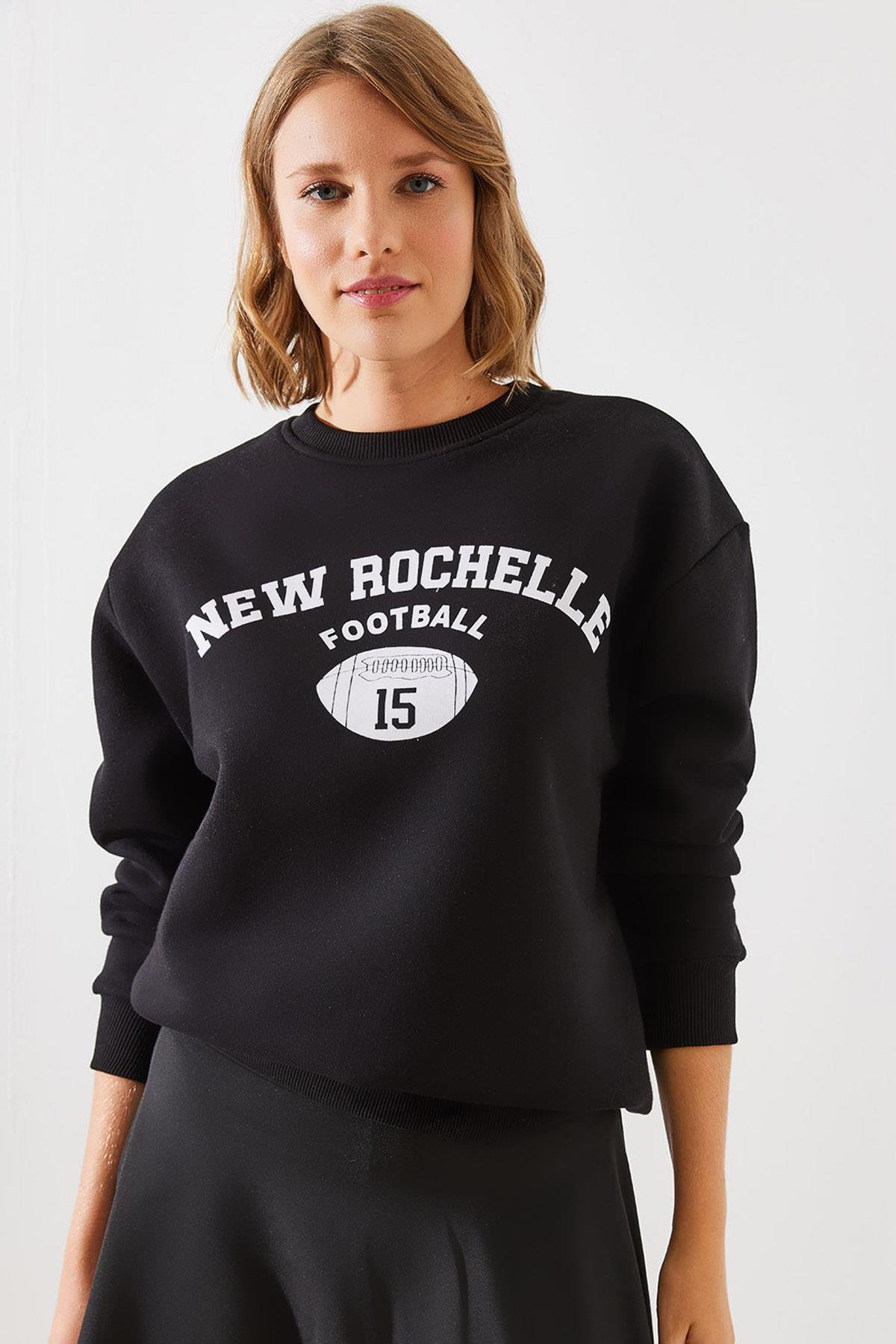 Üç İplik Şardonlu Rochelle Yazı Baskılı Sweatshirt MBHS001 60601001 - Siyah