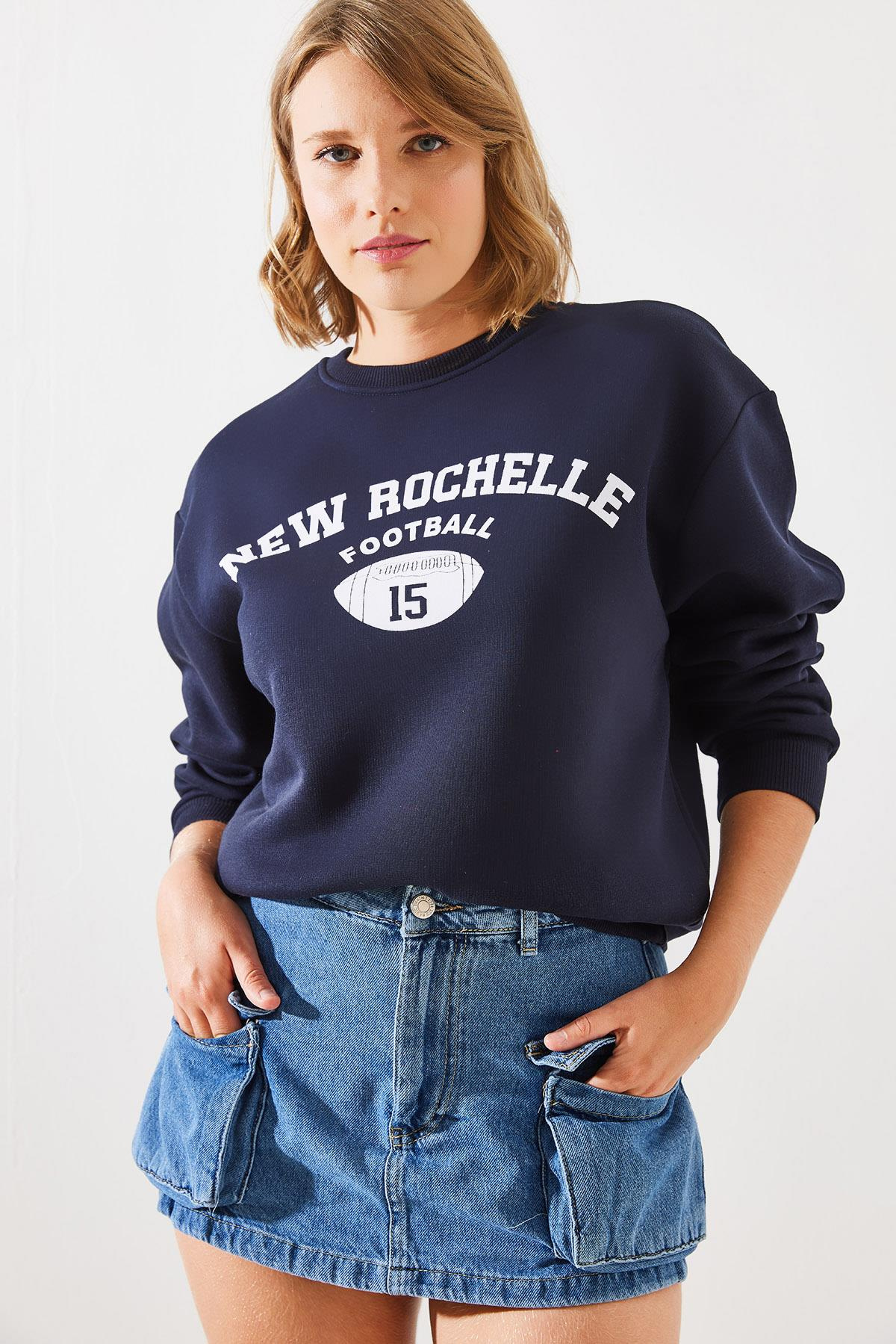 Üç İplik Şardonlu Rochelle Yazı Baskılı Sweatshirt MBHS001 60601001 - Lacivert
