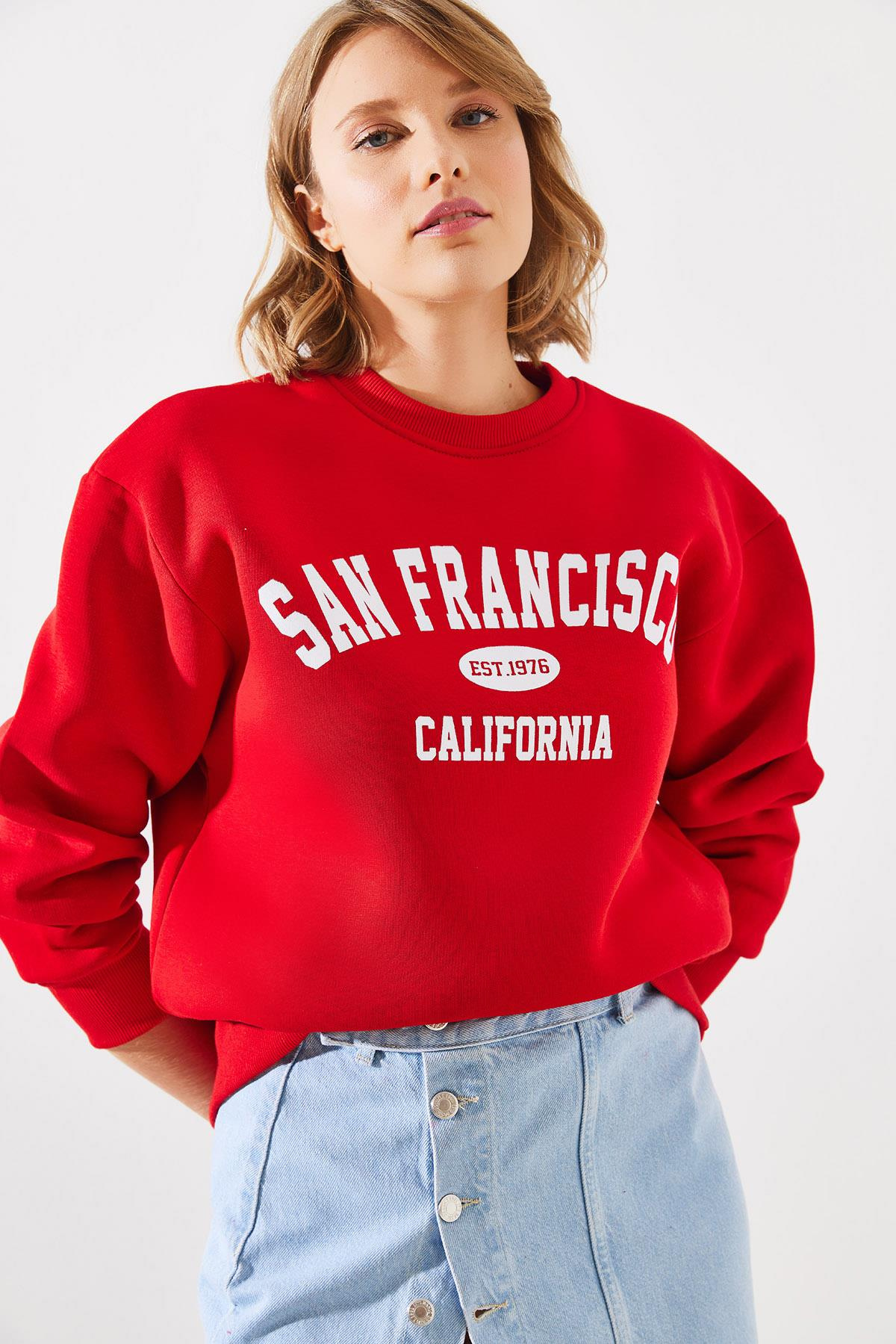 Üç İplik Şardonlu San Francisco Baskılı Sweatshirt MBHS006 60601006 - Kırmızı