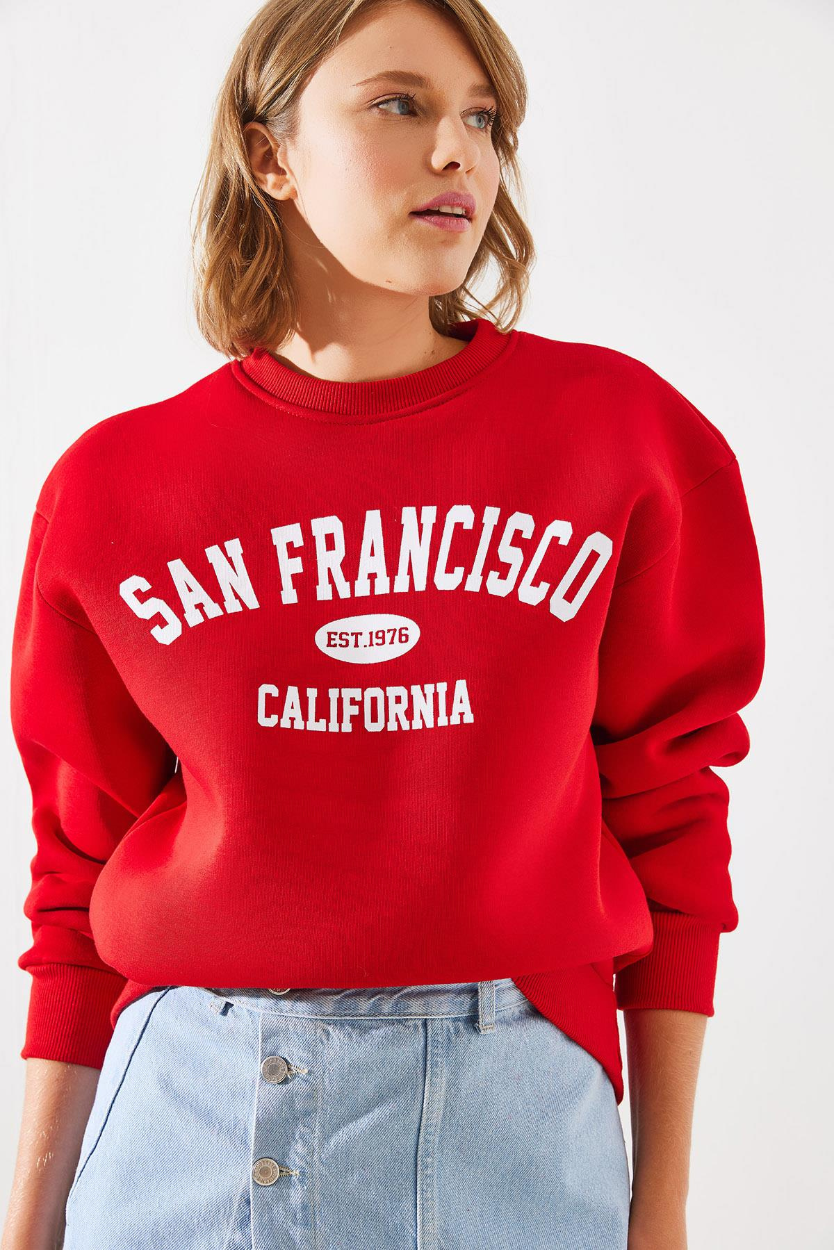 Üç İplik Şardonlu San Francisco Baskılı Sweatshirt MBHS006 60601006 - Kırmızı
