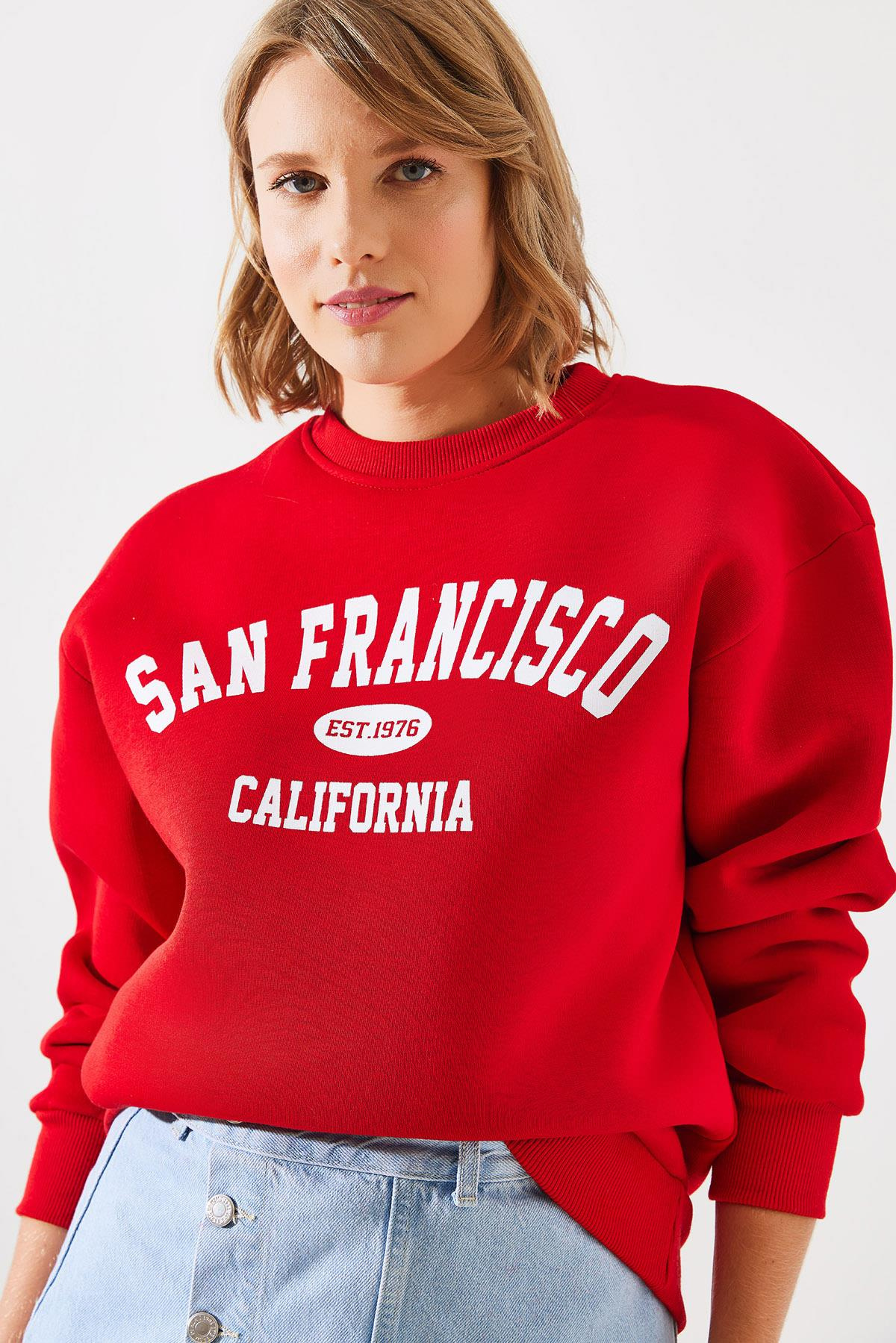 Üç İplik Şardonlu San Francisco Baskılı Sweatshirt MBHS006 60601006 - Kırmızı