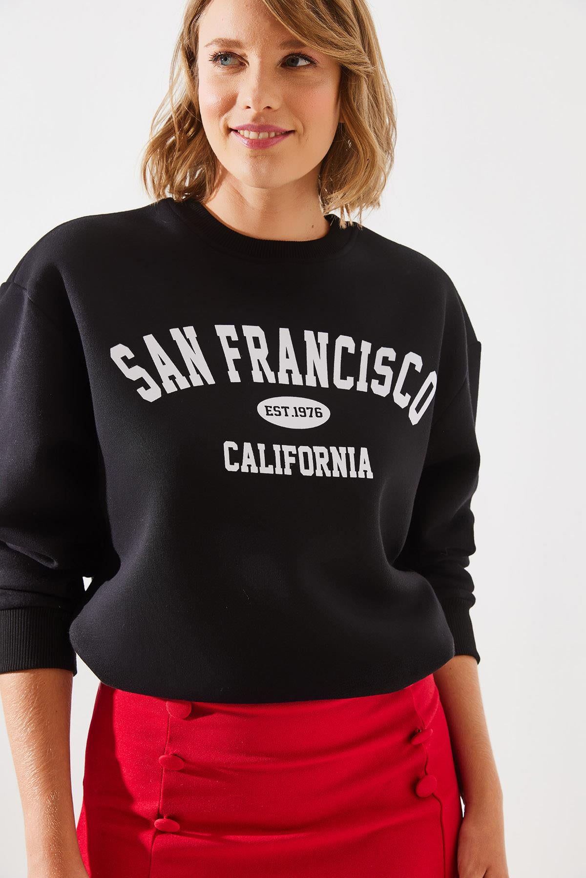 Üç İplik Şardonlu San Francisco Baskılı Sweatshirt MBHS006 60601006 - Siyah