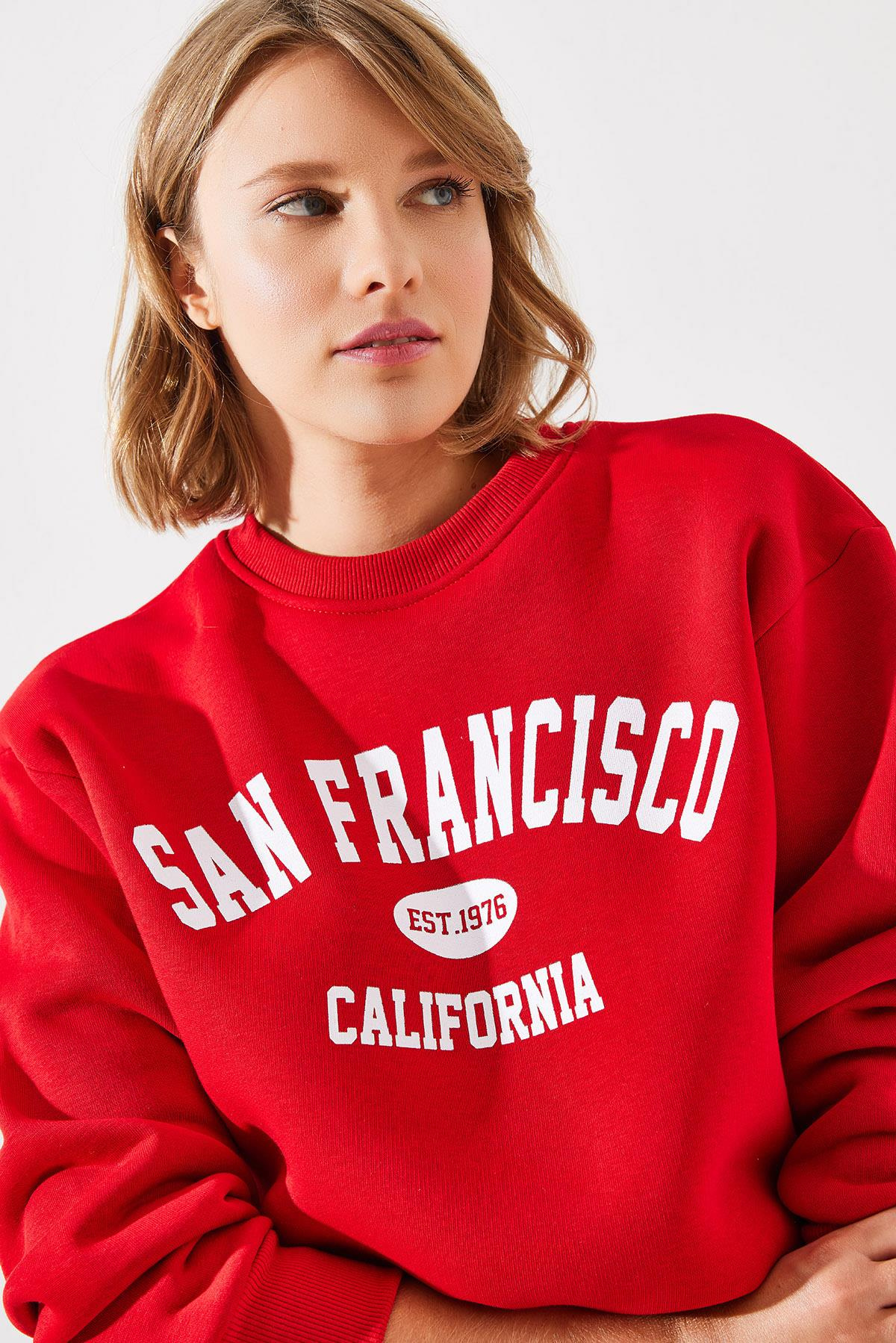 Üç İplik Şardonlu San Francisco Baskılı Sweatshirt MBHS006 60601006 - Kırmızı