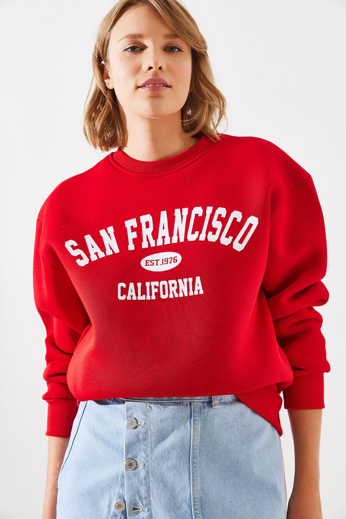 Üç İplik Şardonlu San Francisco Baskılı Sweatshirt MBHS006 60601006 - Kırmızı