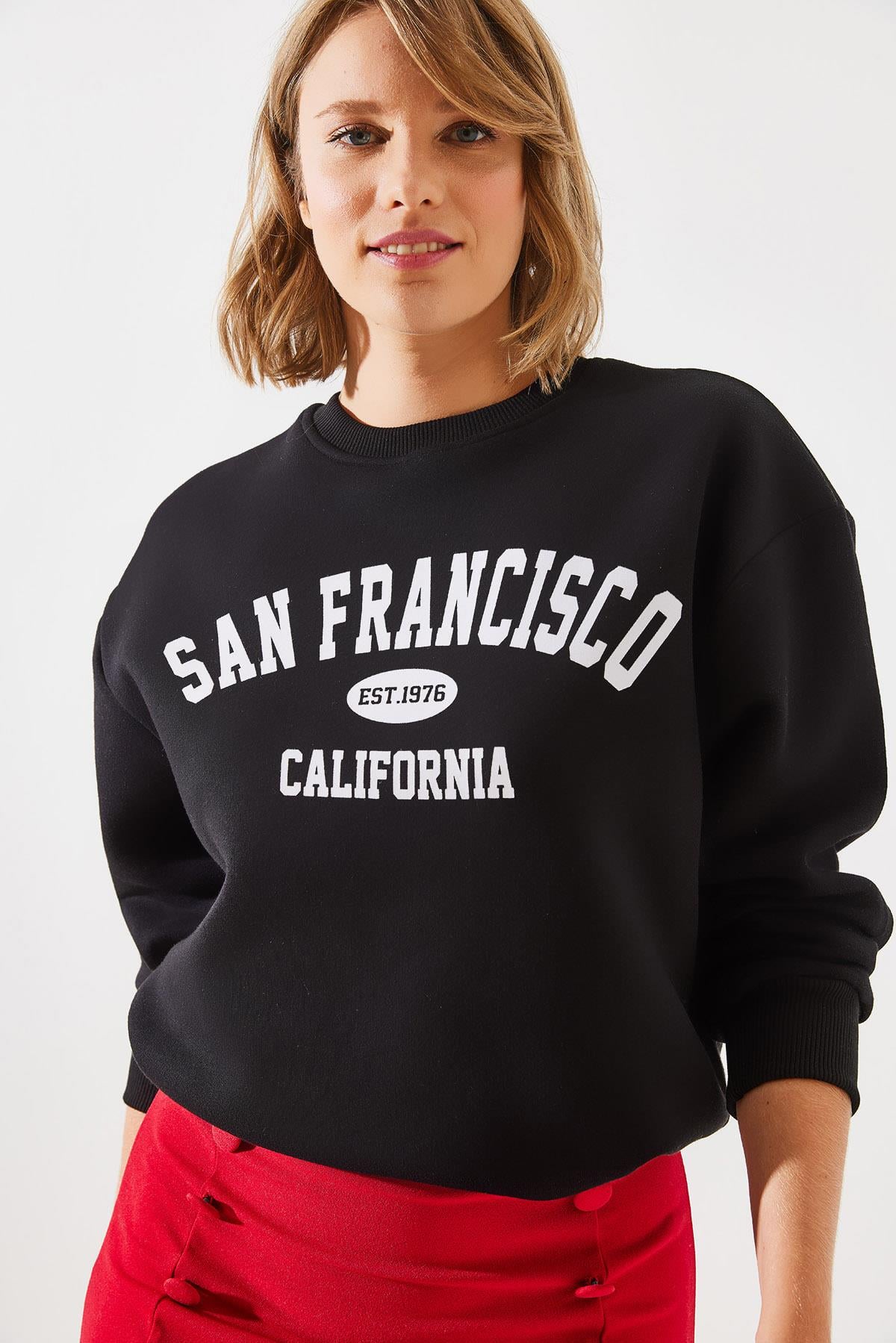 Üç İplik Şardonlu San Francisco Baskılı Sweatshirt MBHS006 60601006 - Siyah