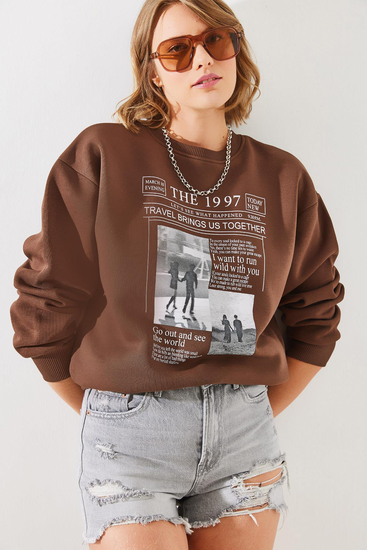 Üç İplik Şardonlu The 1997 Baskılı Sweatshirt MBHS009 60601009 - Kahverengi
