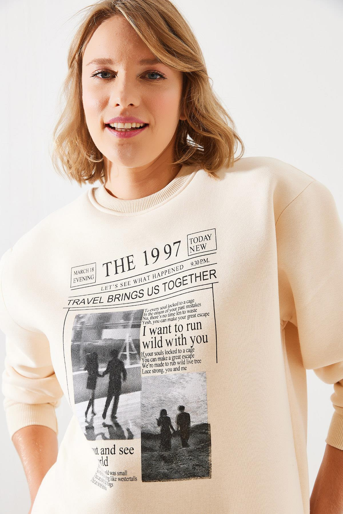 Üç İplik Şardonlu The 1997 Baskılı Sweatshirt MBHS009 60601009 - Bej