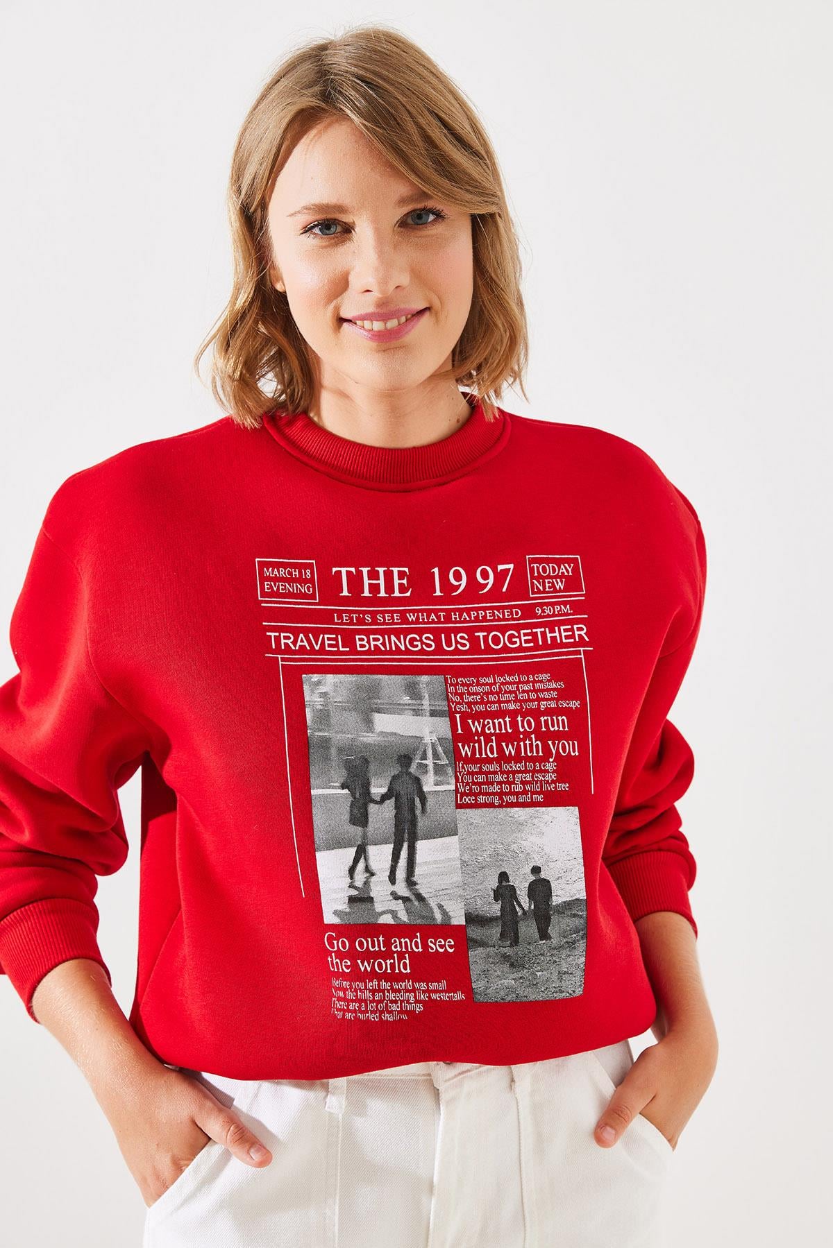 Üç İplik Şardonlu The 1997 Baskılı Sweatshirt MBHS009 60601009 - Kırmızı